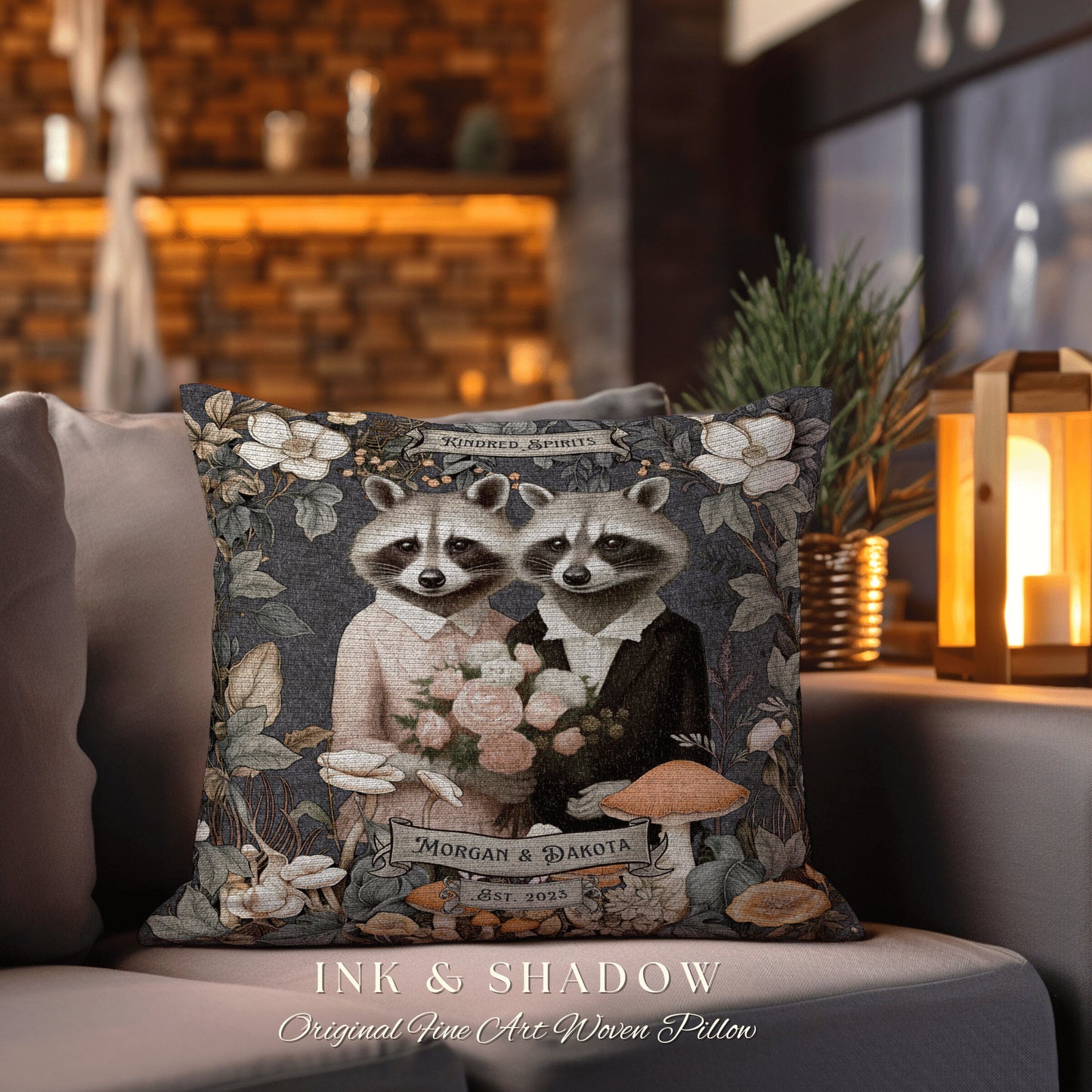 Wedding Gift Personalized Pillow | Cottagecore Decor Custom Dating Anniversary Meaningful Couple Gift Housewarming Pillow Raccoon Couple |