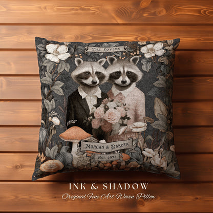 Anniversary Custom Couple Pillow | Cottagecore Decor Custom Dating Anniversary Meaningful Couple Gift Housewarming Pillow Raccoon Couple |