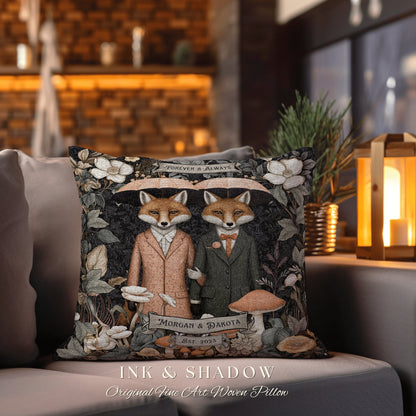 Fox Couple Pillow Custom Name Gift | Woodland Decor Custom Dating Anniversary Meaningful Gift Housewarming Pillow Cottagecore Fox Couple |