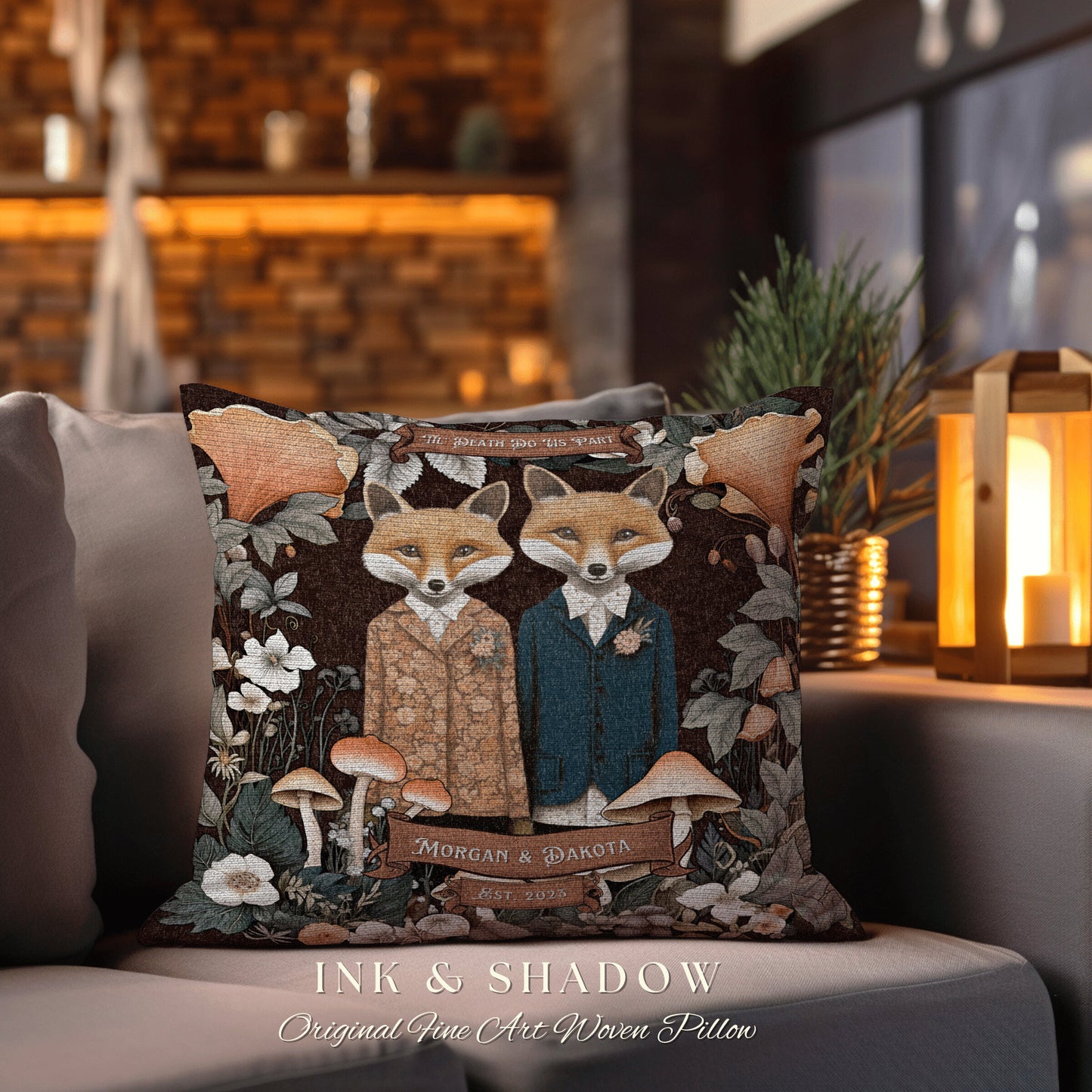 Engagement Gift Custom Pillow | Woodland Decor Custom Dating Anniversary Meaningful Gift Housewarming Pillow Cottagecore Fox Couple Decor |