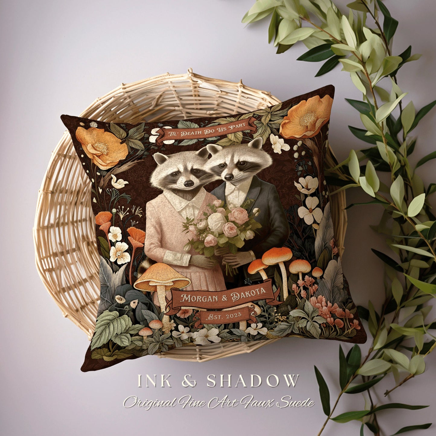 Woodland Raccoon Throw Pillow Custom | Rustic Decor Custom Dating Anniversary Meaningful Gift Housewarming Pillow Cottagecore Raccoon Couple