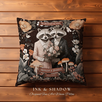 Woodland Raccoon Throw Pillow Custom | Rustic Decor Custom Dating Anniversary Meaningful Gift Housewarming Pillow Cottagecore Raccoon Couple