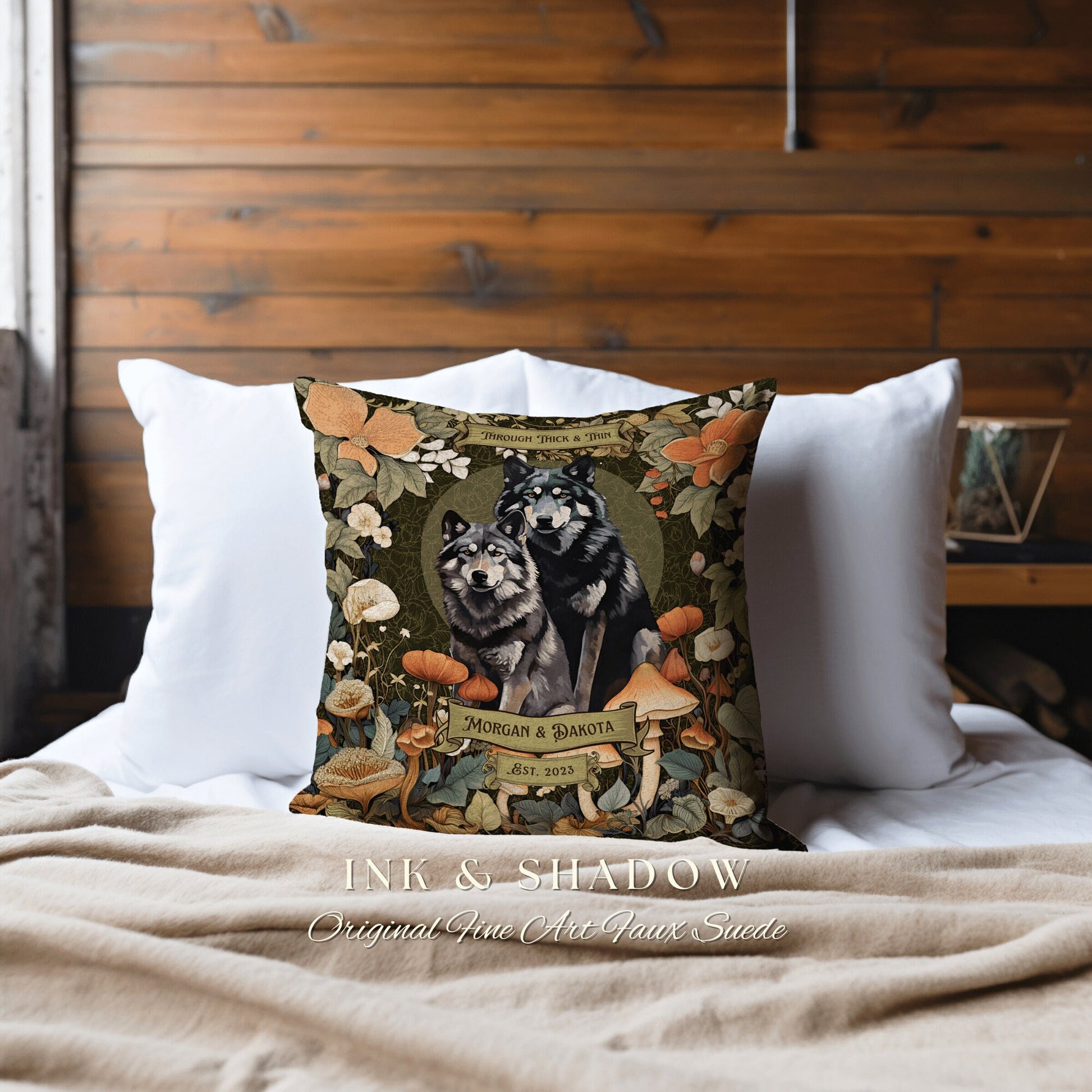 Woven Pillow Wolf Couple Anniversary Gift | Celestial Decor Custom Dating Anniversary Thoughtful Housewarming Pillow Cottagecore Wolf Couple