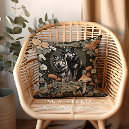 Woven Pillow Wolf Couple Anniversary Gift | Celestial Decor Custom Dating Anniversary Thoughtful Housewarming Pillow Cottagecore Wolf Couple