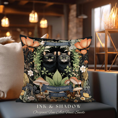 Black Cat Couple Pillow Custom | Woven Throw Pillow Personalized Couple Gift Dating Anniversary Custom Last Name Gift Cat Lovers Pillow Gift