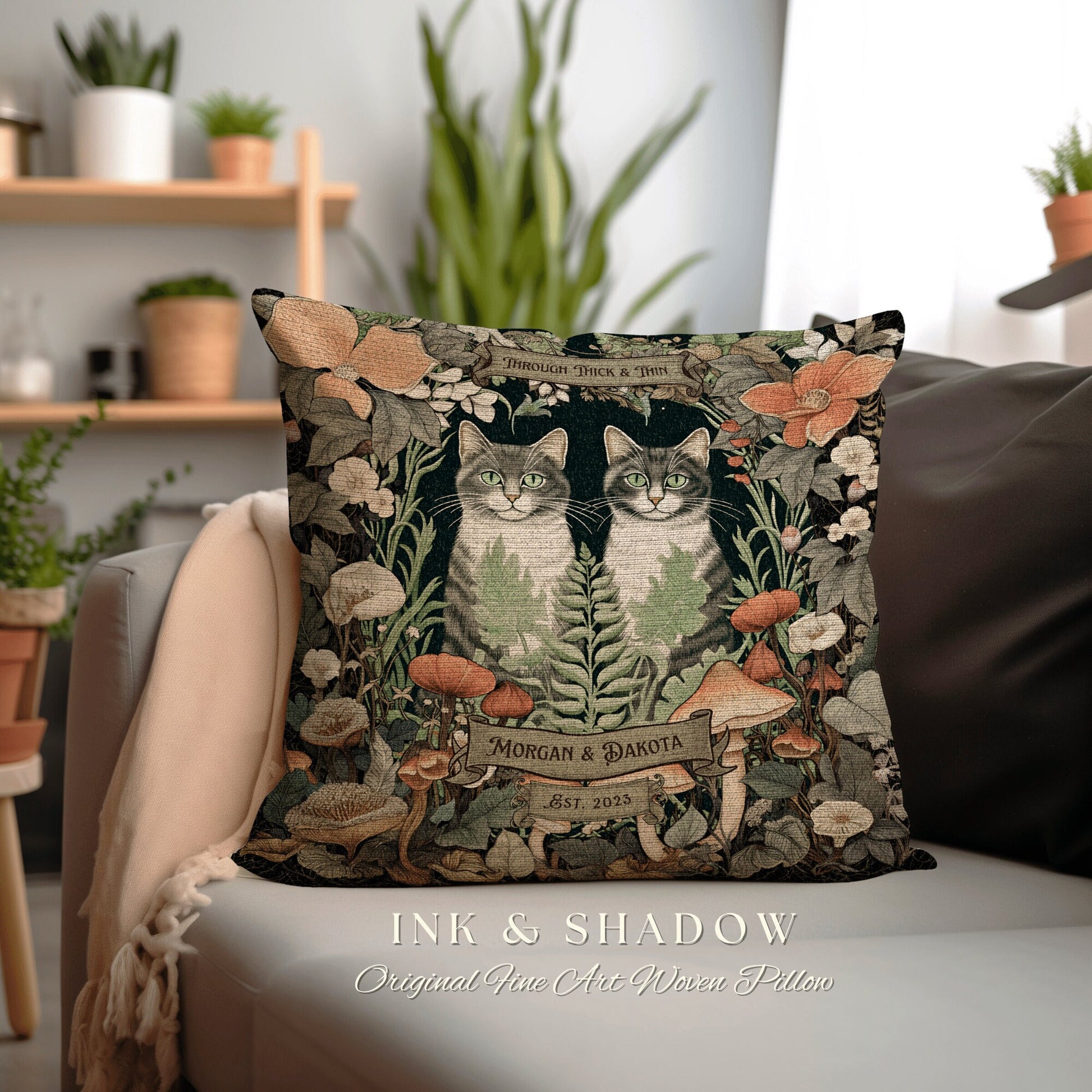 Botanical Cat Pillow Custom | Woven Throw Pillow Personalized Couple Gift Dating Anniversary Custom Last Name Gift Cat Lovers Throw Pillow |