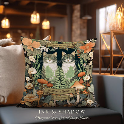 Botanical Cat Pillow Custom | Woven Throw Pillow Personalized Couple Gift Dating Anniversary Custom Last Name Gift Cat Lovers Throw Pillow |