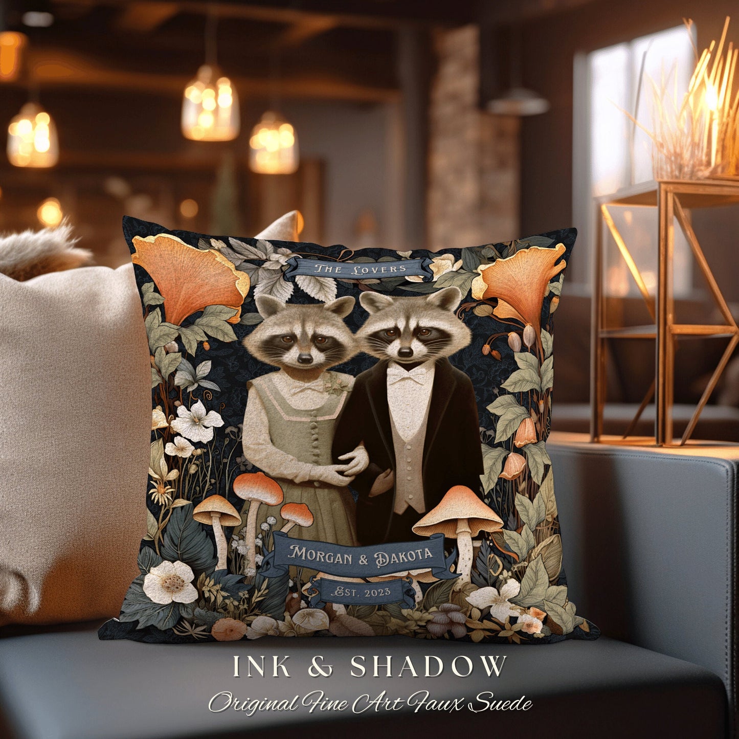 His & Hers Personalized Couple Pillow | Woodland Decor Custom Dating Anniversary Meaningful Couple Gift Housewarming Pillow Raccoon Couple |