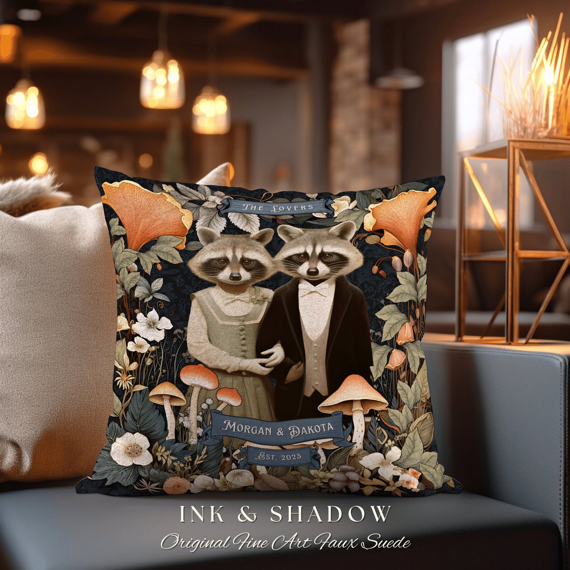 His & Hers Personalized Couple Pillow | Woodland Decor Custom Dating Anniversary Meaningful Couple Gift Housewarming Pillow Raccoon Couple |