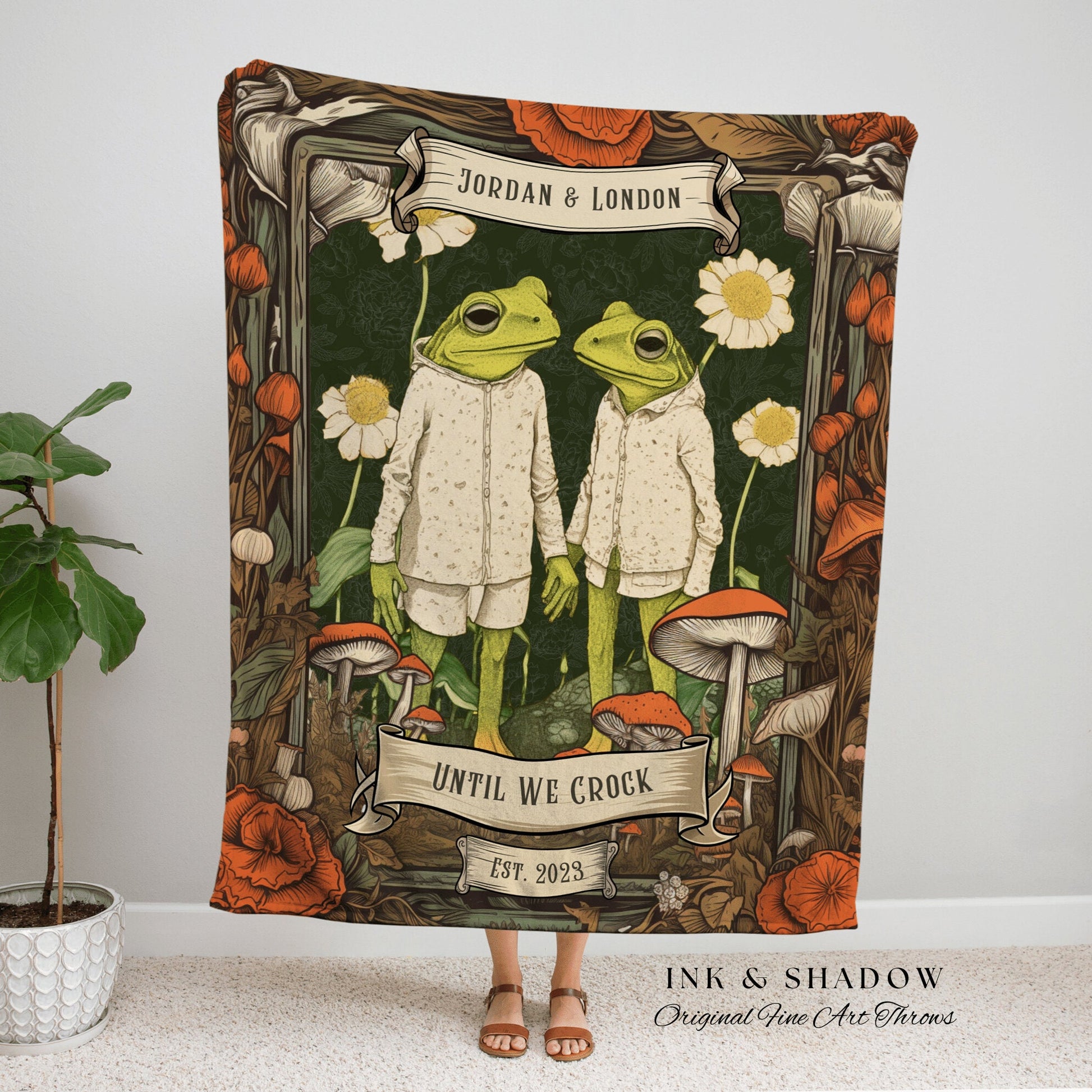 Cute Frog Couple Throw Blanket Anniversary Gift Tapestry Woven Throw Vintage Frog & Toad Goblincore Blanket Custom Wedding Gift Cottagecore