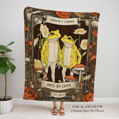 Indie Frog Couples Throw | Custom Anniversary Gift Tapestry Woven Throw Vintage Frog & Toad Goblincore Blanket Custom Wedding Gift Unique |