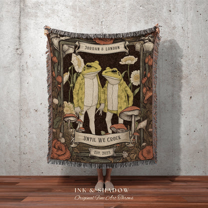 Indie Frog Couples Throw | Custom Anniversary Gift Tapestry Woven Throw Vintage Frog & Toad Goblincore Blanket Custom Wedding Gift Unique |