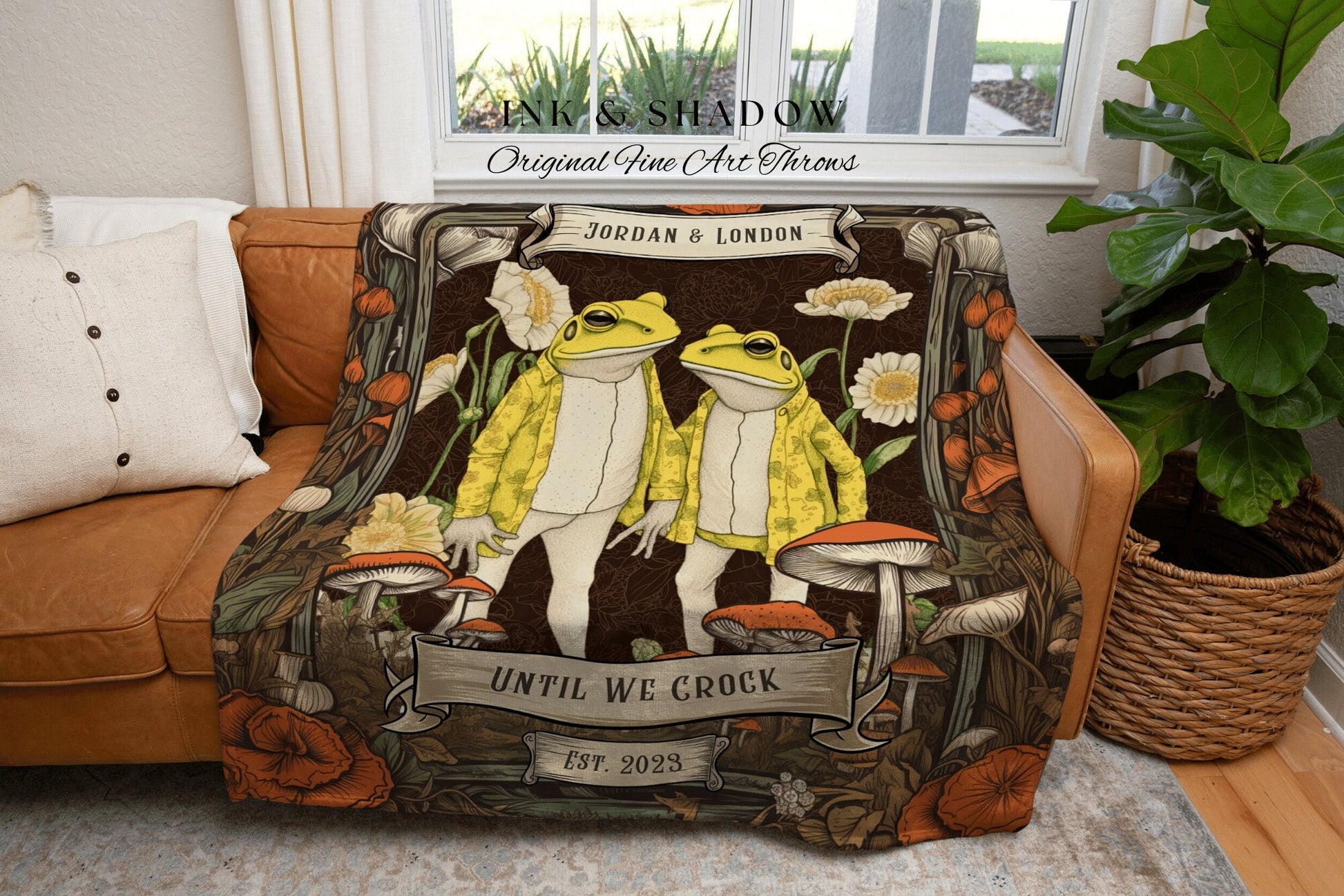 Indie Frog Couples Throw | Custom Anniversary Gift Tapestry Woven Throw Vintage Frog & Toad Goblincore Blanket Custom Wedding Gift Unique |