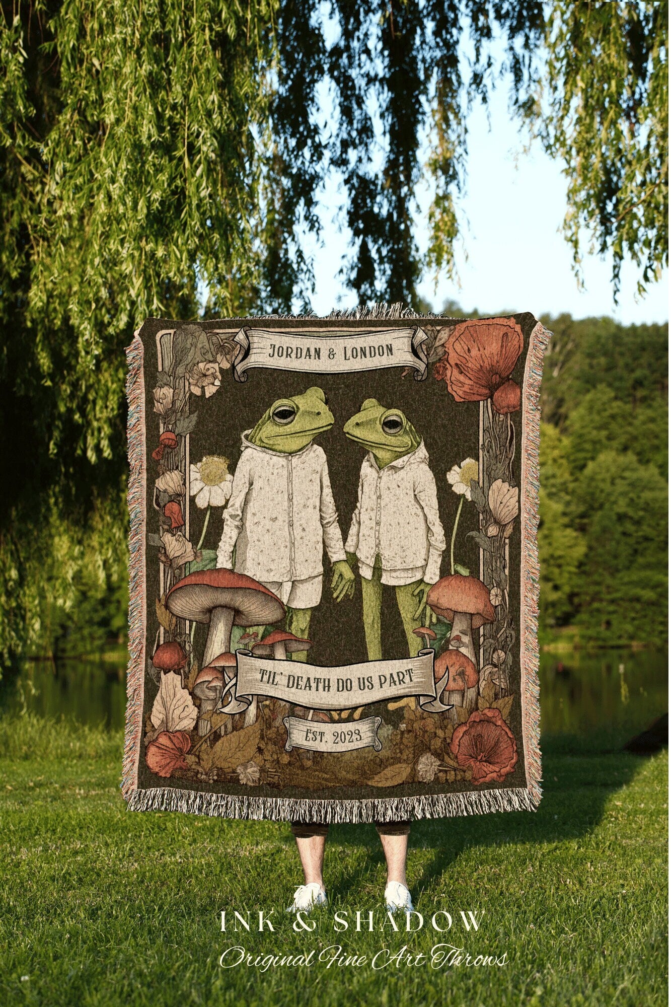 Whimsigoth Frog Couple Blanket | Custom Anniversary Gift Tapestry Woven Throw Vintage Frog & Toad Goblincore Blanket Custom Wedding Gift |