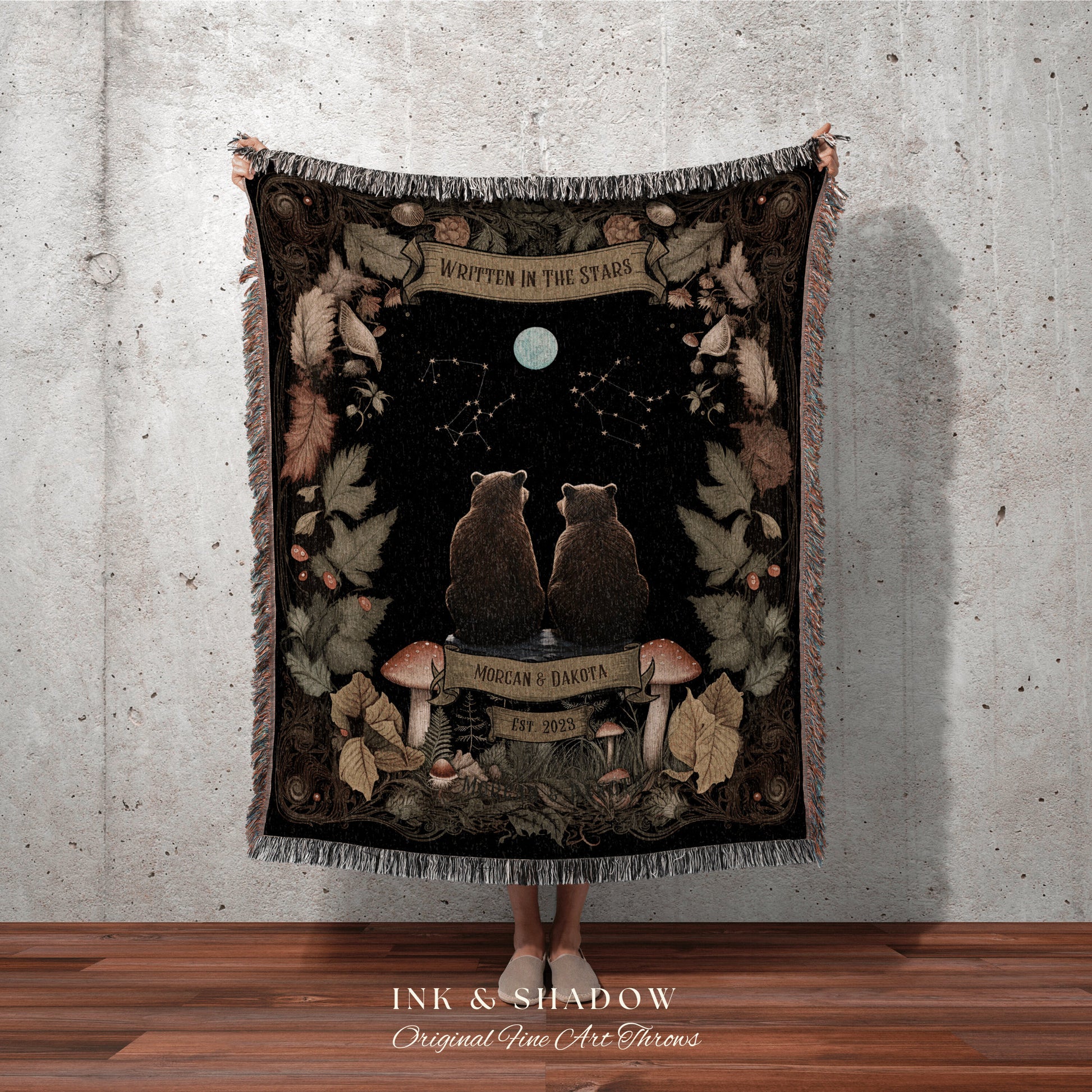 Written in the Stars Custom Blanket | Cottagecore Wedding Couple Woven Throw Bear Blanket Couples Astrology Personalized Throw Woodland |