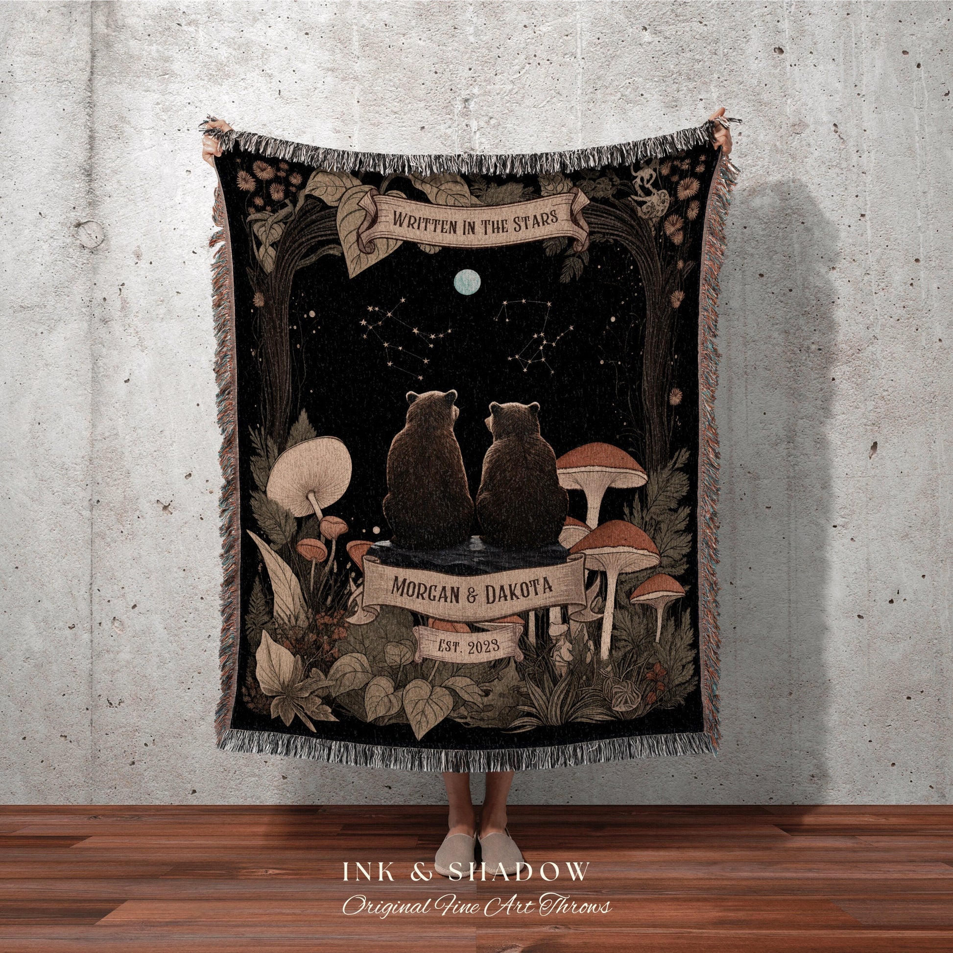 Couples Constellation Blanket Custom | Cottagecore Wedding Couple Woven Throw Bear Blanket Couples Astrology Personalized Throw Woodland |