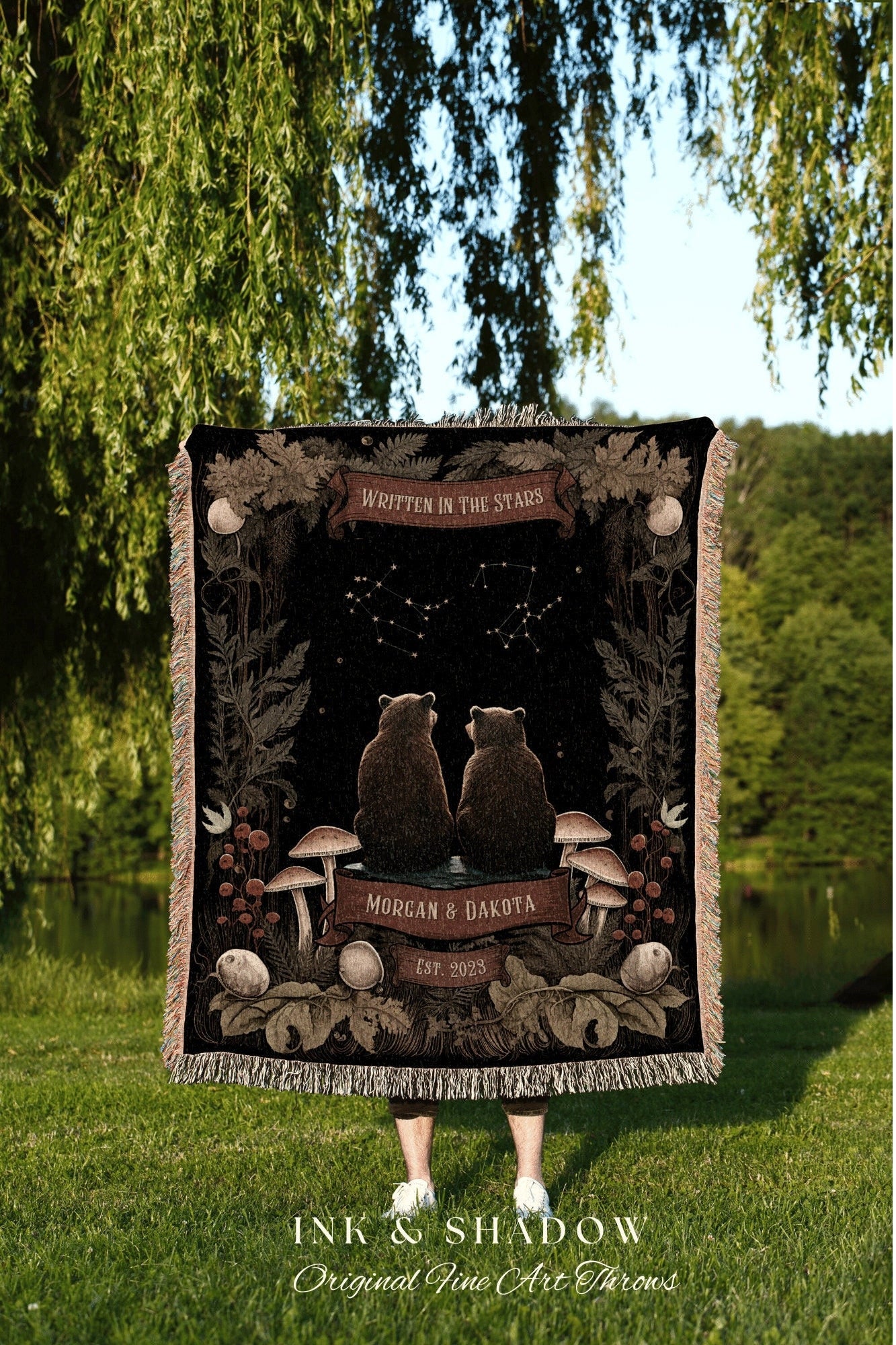 Custom Constellation Couples Blanket | Cottagecore Wedding Couple Woven Throw Bear Blanket Couples Astrology Personalized Throw Woodland |