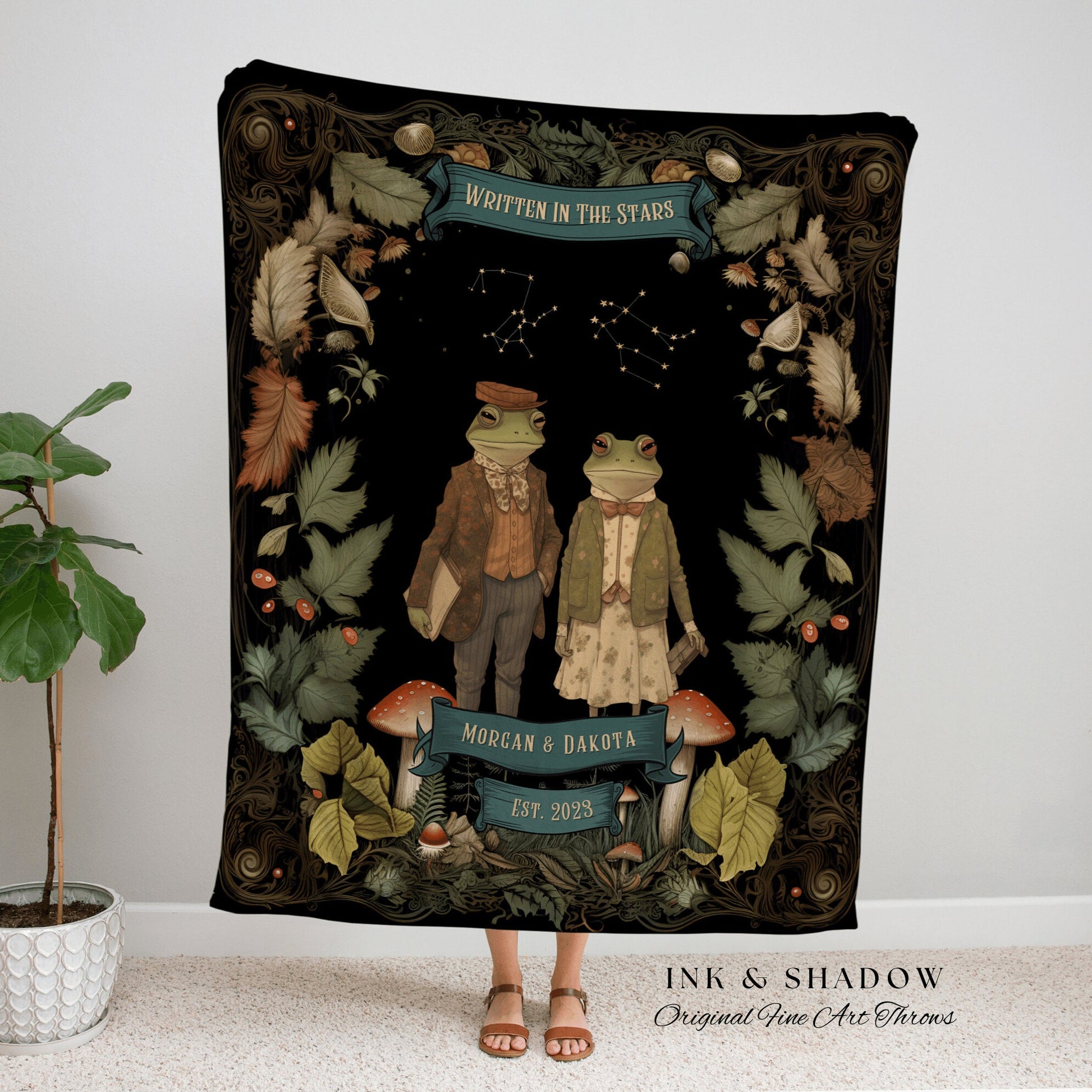 Woodland Frog Couples Blanket | Celestial Wedding Anniversary Throw Blanket Frog Couple Goblincore Wedding Astrology Tapestry Personalized |