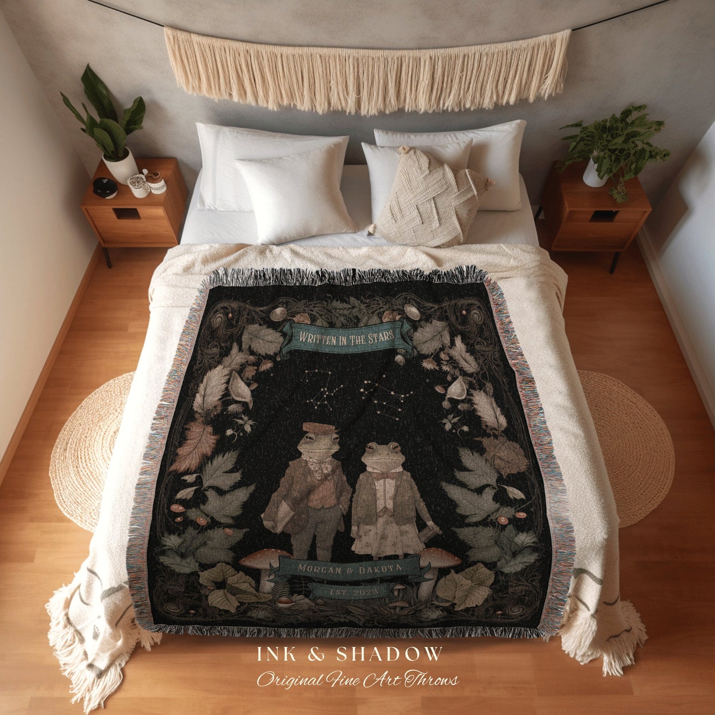 Woodland Frog Couples Blanket | Celestial Wedding Anniversary Throw Blanket Frog Couple Goblincore Wedding Astrology Tapestry Personalized |