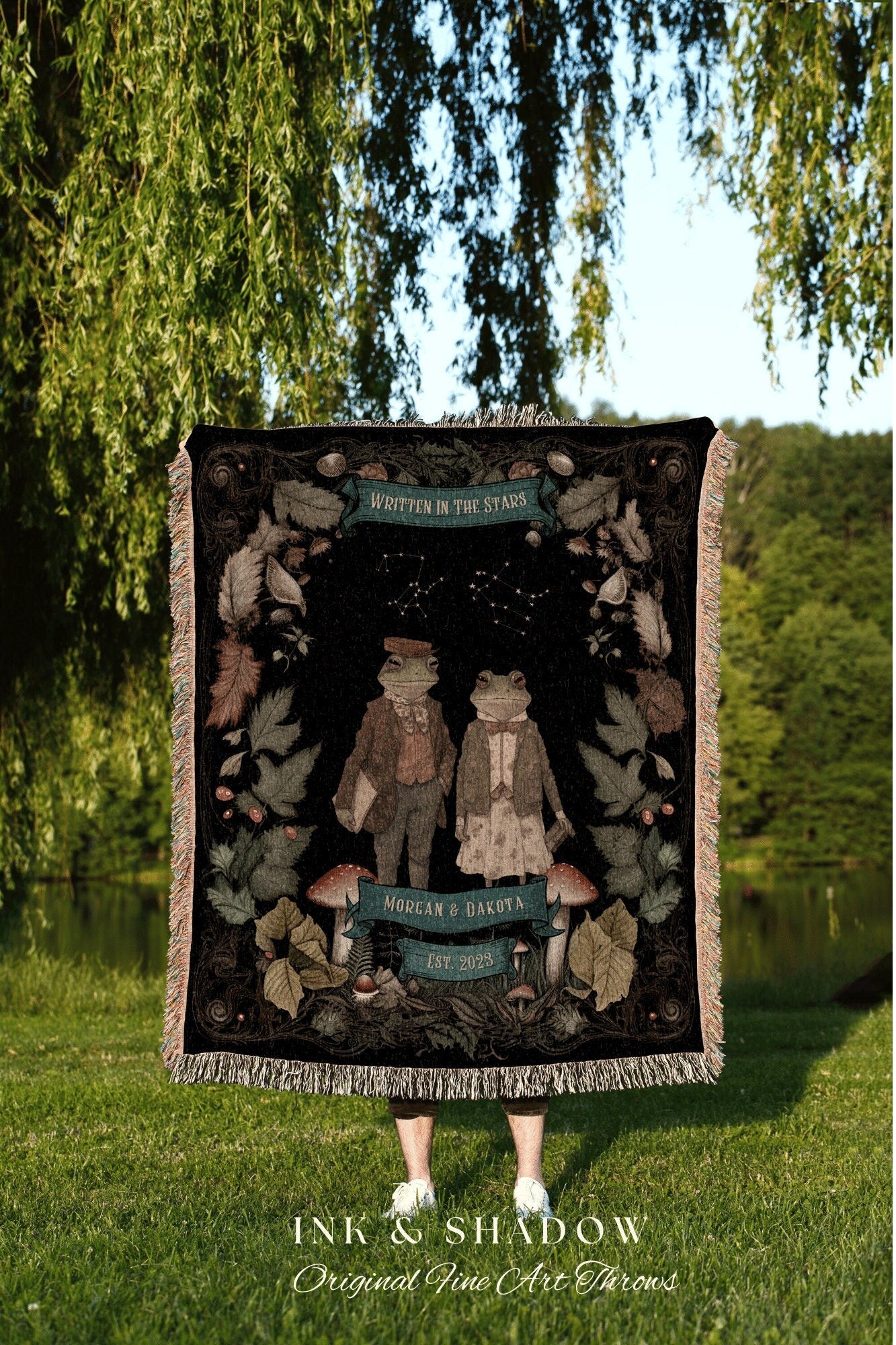 Woodland Frog Couples Blanket | Celestial Wedding Anniversary Throw Blanket Frog Couple Goblincore Wedding Astrology Tapestry Personalized |