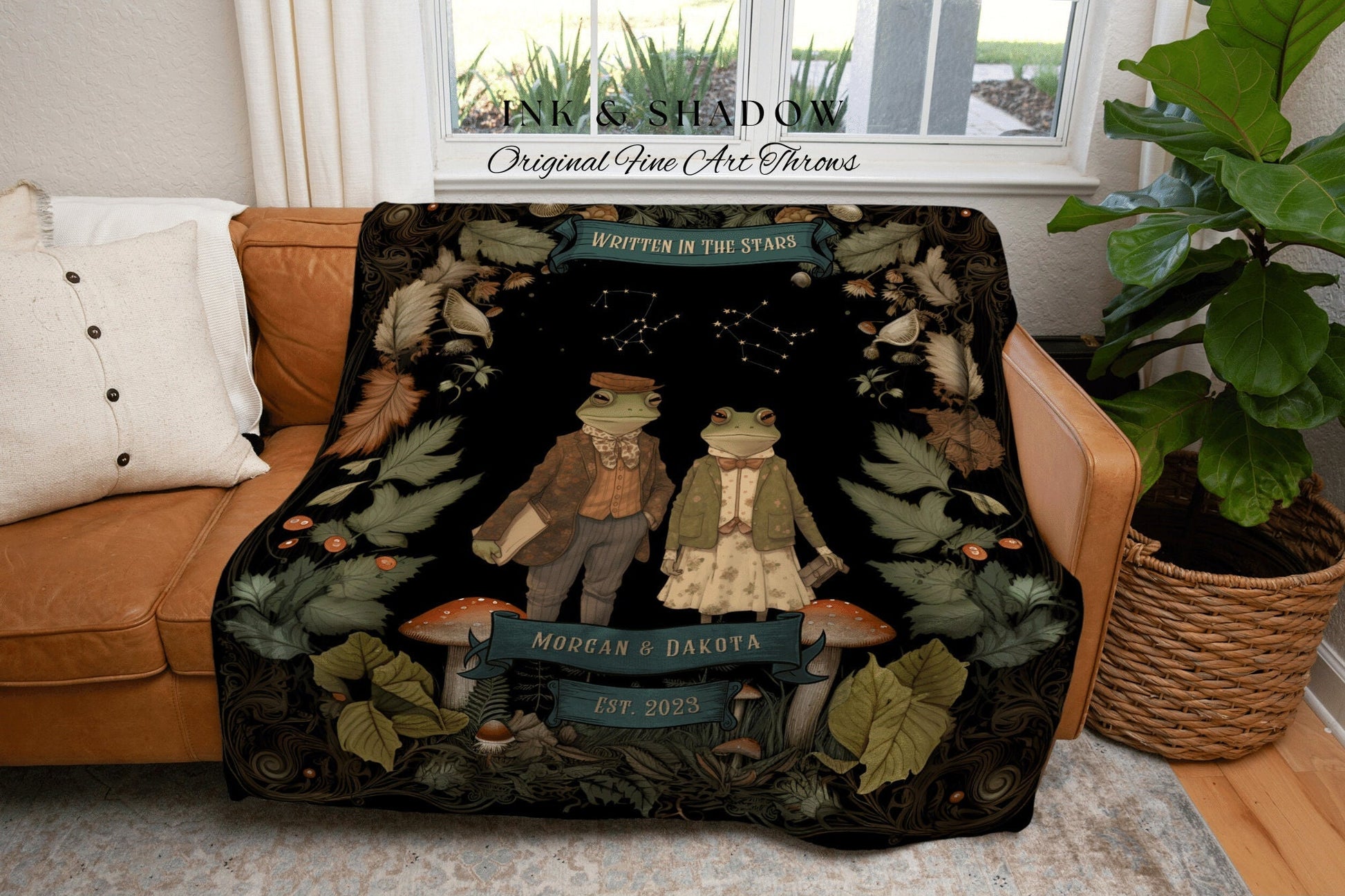 Woodland Frog Couples Blanket | Celestial Wedding Anniversary Throw Blanket Frog Couple Goblincore Wedding Astrology Tapestry Personalized |