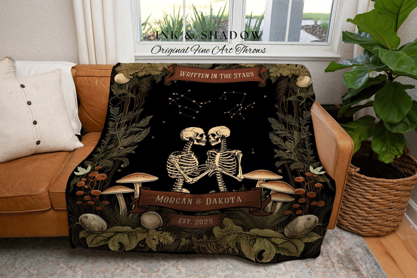 Gothic Couples Constellation Blanket | Cottagecore Wedding Couple Woven Throw Skeleton Couple Astrology Personalized Woodland Throw Blanket