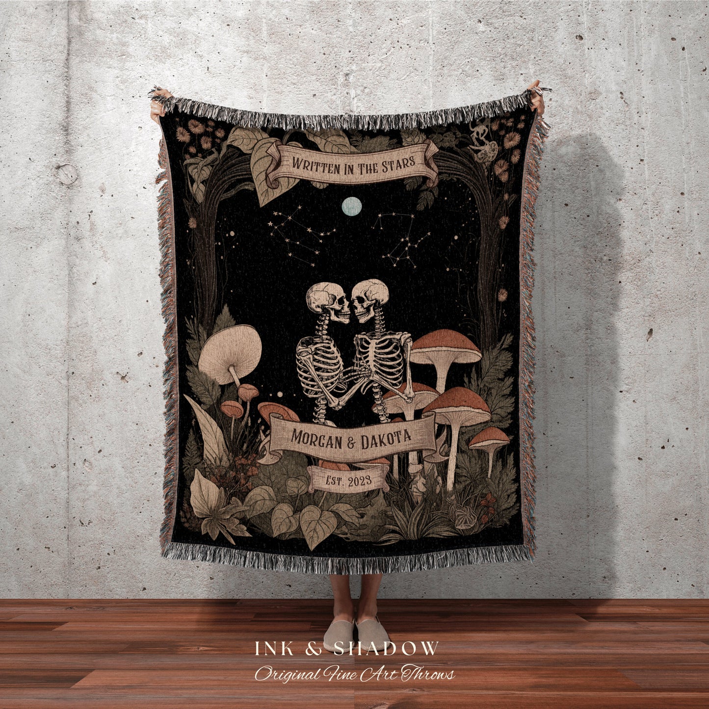 Custom 'Written in the Stars' Zodiac Blanket | Cottagecore Wedding Couple Woven Throw Skeleton Couple Astrology Personalized Woodland Throw