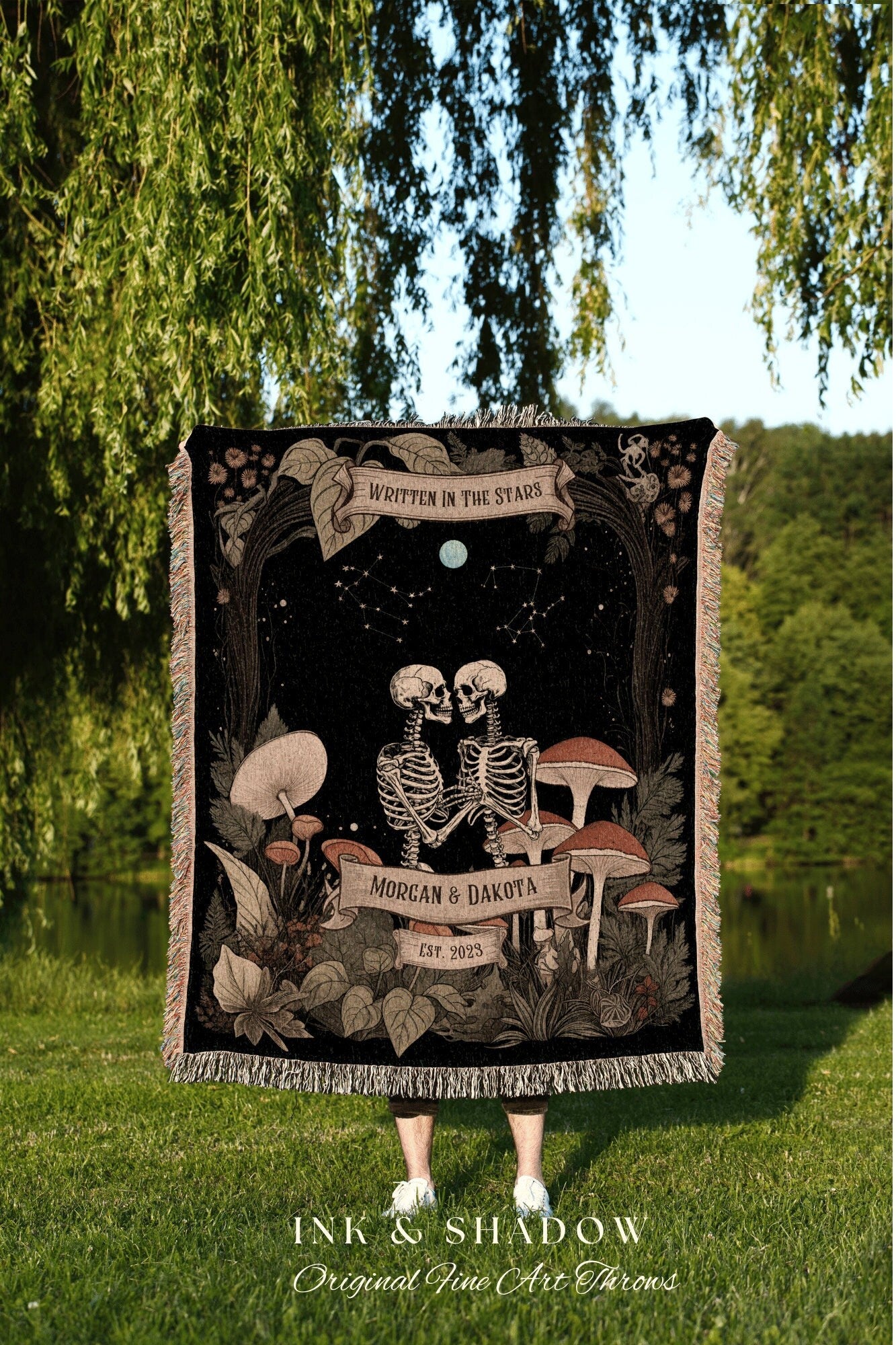 Custom 'Written in the Stars' Zodiac Blanket | Cottagecore Wedding Couple Woven Throw Skeleton Couple Astrology Personalized Woodland Throw