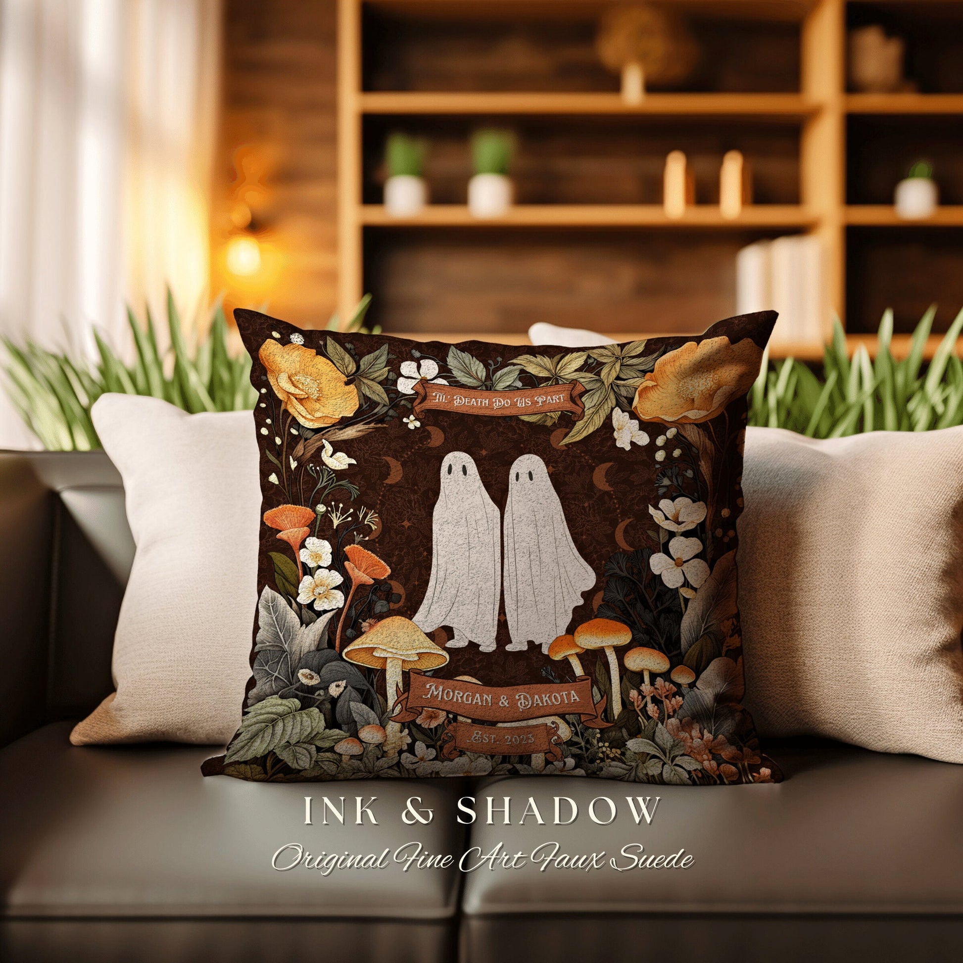 Ghost Couple Woven Pillow Custom | Fairycore Decor Personalized Anniversary Gift Cottagecore Wedding Gifts for Couple Housewarming Gift |