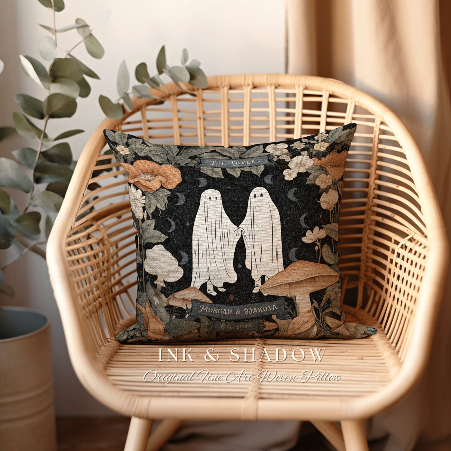 The Lovers Ghost Couple Throw Pillow | Woodland Decor Custom Anniversary Meaningful Wedding Gift for Couple Housewarming Gift Unique Couple