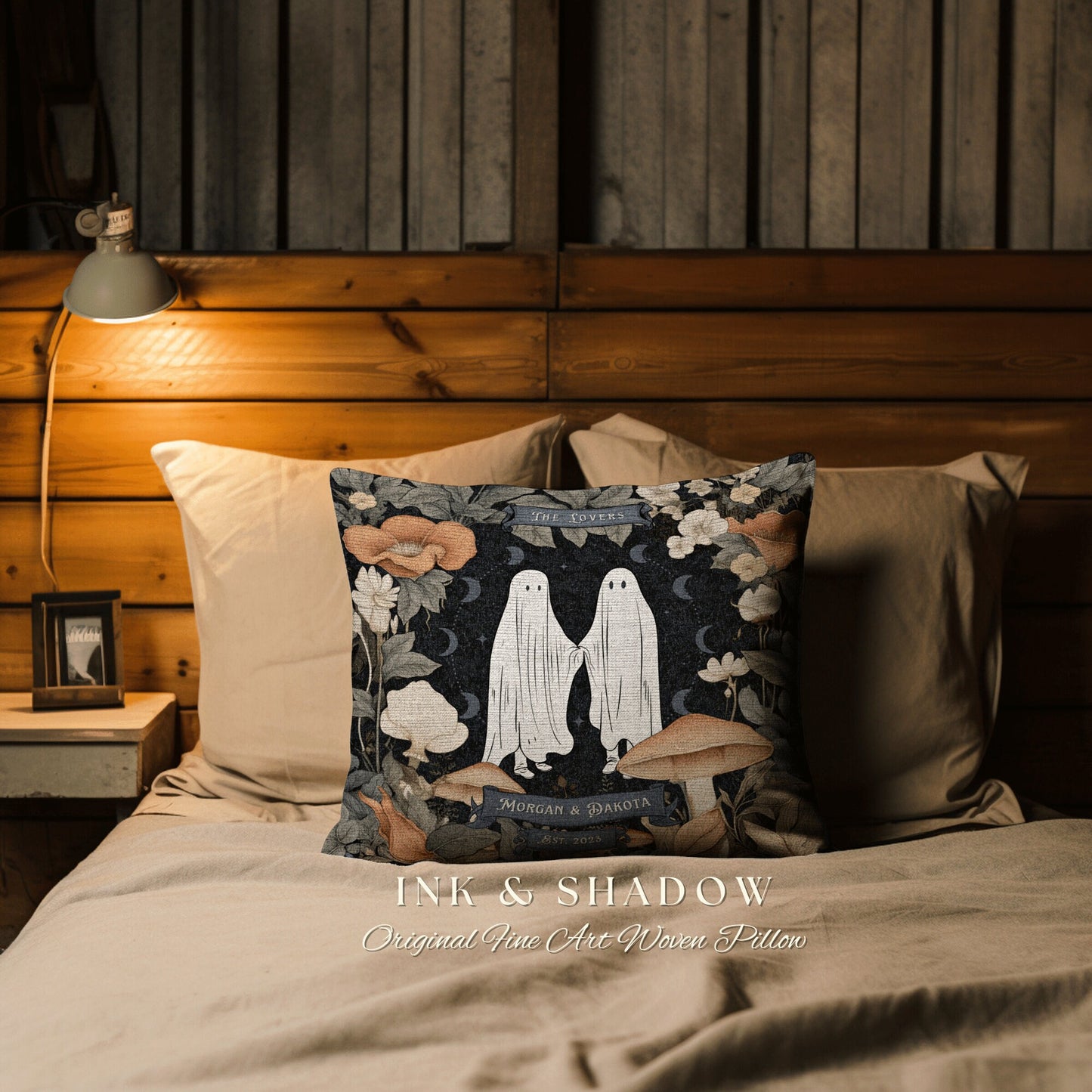 The Lovers Ghost Couple Throw Pillow | Woodland Decor Custom Anniversary Meaningful Wedding Gift for Couple Housewarming Gift Unique Couple