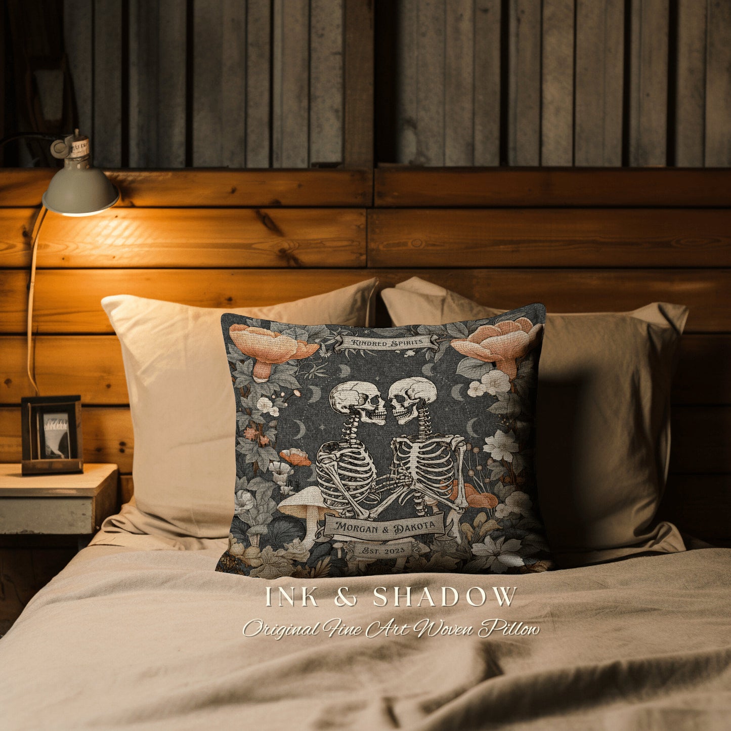 Custom Skeleton Couple Woven Pillow | Cottagecore Decor Custom Anniversary Meaningful Wedding Gift for Couple Housewarming Gift Unique Decor