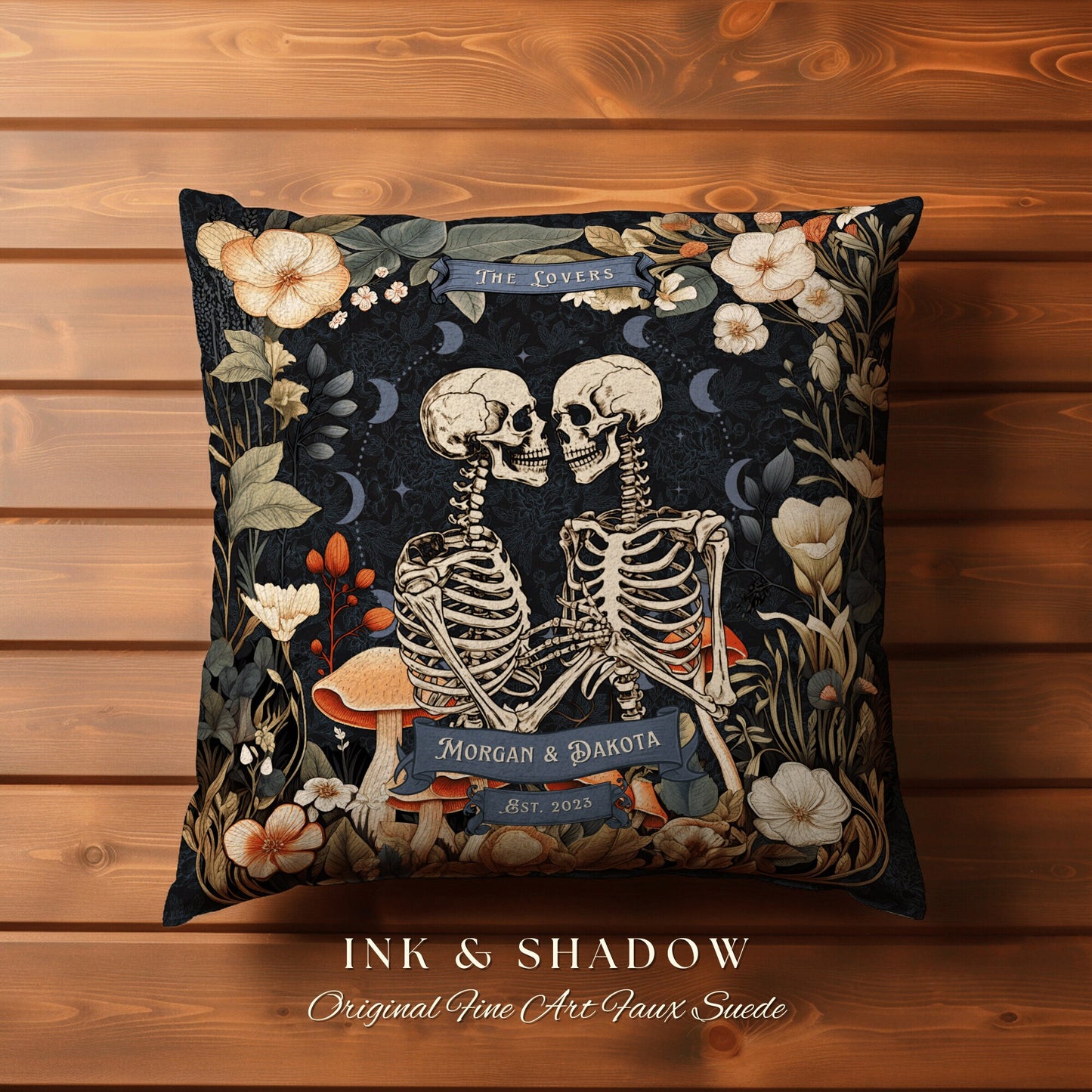 The Lovers Tarot Pillow Custom | Cottagecore Decor Custom Anniversary Meaningful Wedding Gift for Couple Housewarming Gift Skeleton Couple |