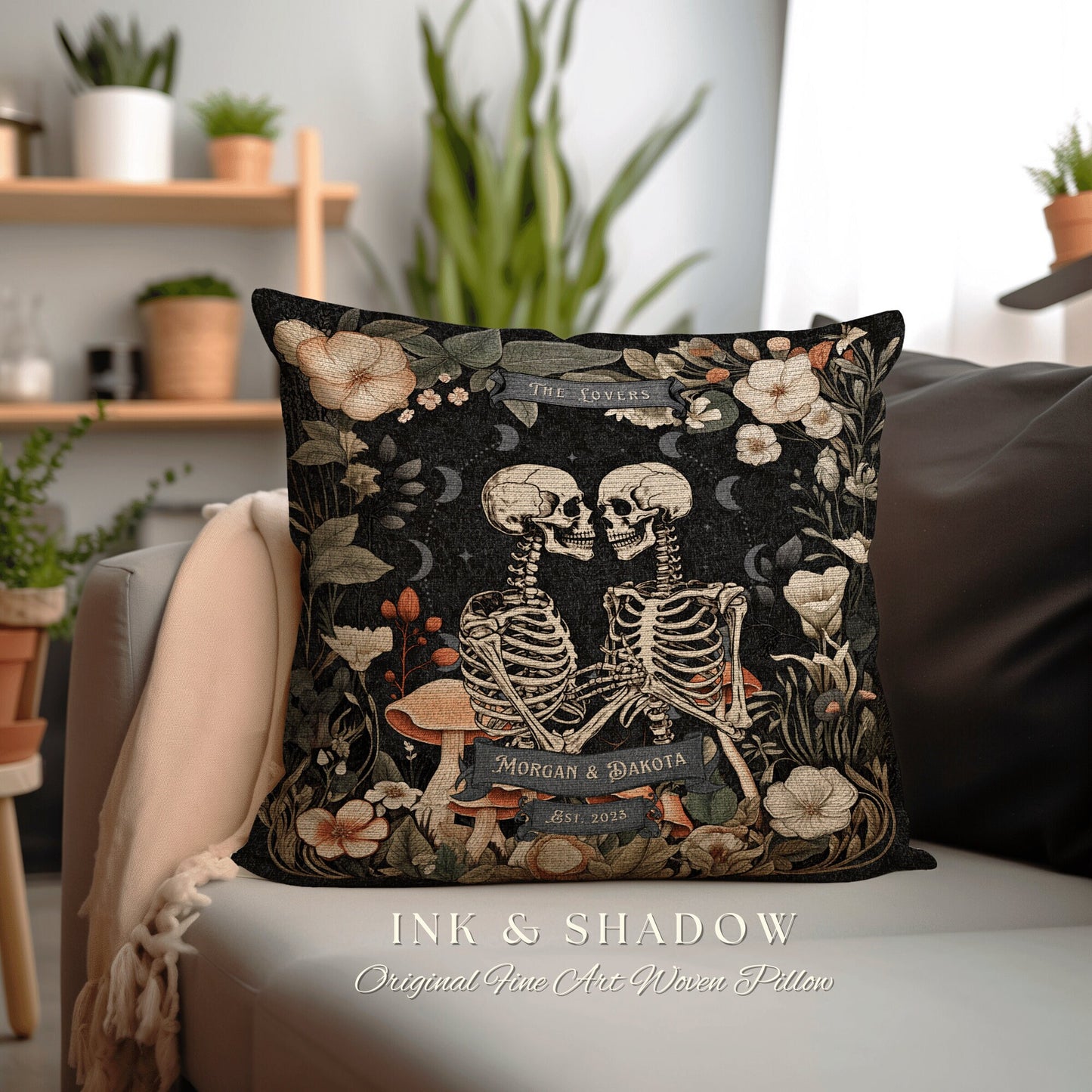 The Lovers Tarot Pillow Custom | Cottagecore Decor Custom Anniversary Meaningful Wedding Gift for Couple Housewarming Gift Skeleton Couple |