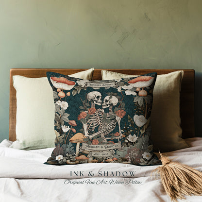 Kindred Spirits Anniversary Pillow Woven | Cottagecore Decor Custom Anniversary Meaningful Gift for Couple Housewarming Gift Skeleton Lovers