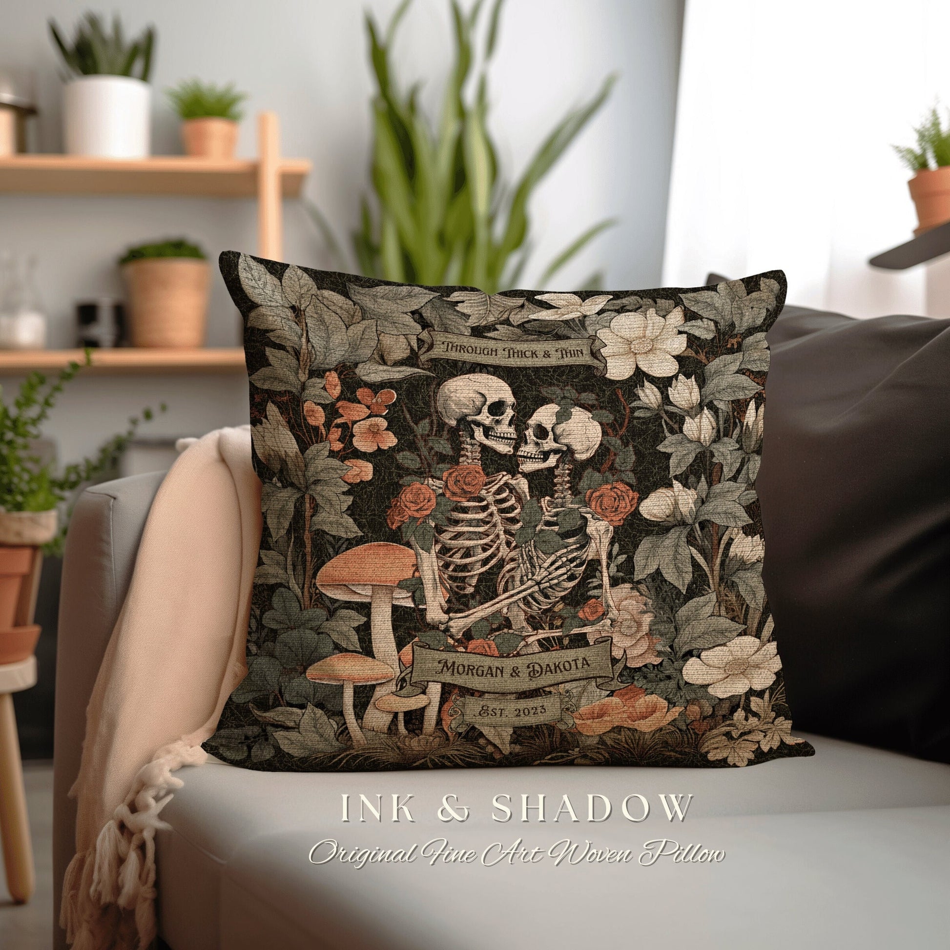 Goth Couple Anniversary Pillow Woven | Cottagecore Decor Custom Anniversary Meaningful Gift for Couple Housewarming Gift Skeleton Couple |