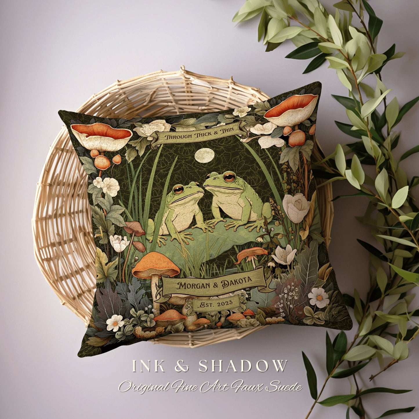 Toad Couple Cottagecore Decor Gift | Woodland Wedding Personalized Woven Throw Pillow Frog & Toad Pillow Decor Goblincore Custom Anniversary