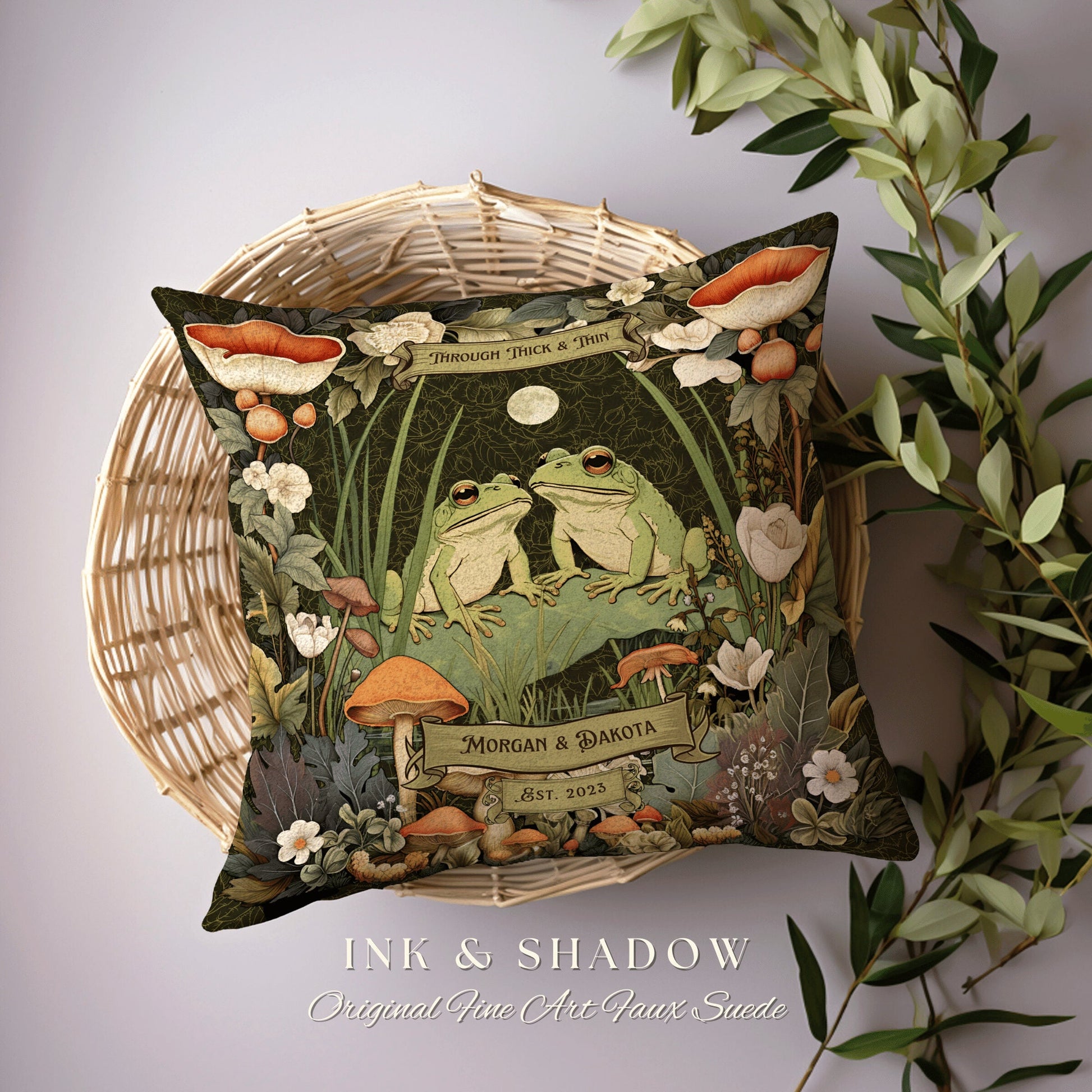 Toad Couple Cottagecore Decor Gift | Woodland Wedding Personalized Woven Throw Pillow Frog & Toad Pillow Decor Goblincore Custom Anniversary