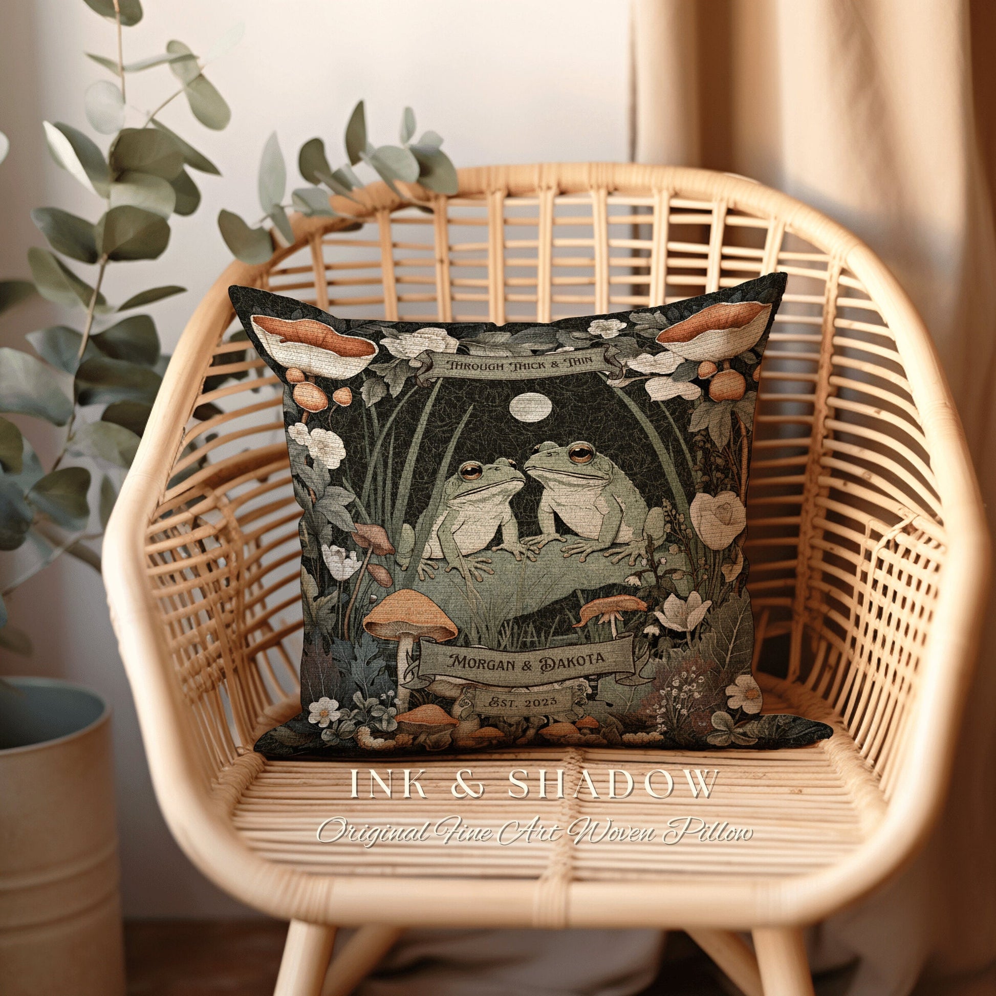 Toad Couple Cottagecore Decor Gift | Woodland Wedding Personalized Woven Throw Pillow Frog & Toad Pillow Decor Goblincore Custom Anniversary