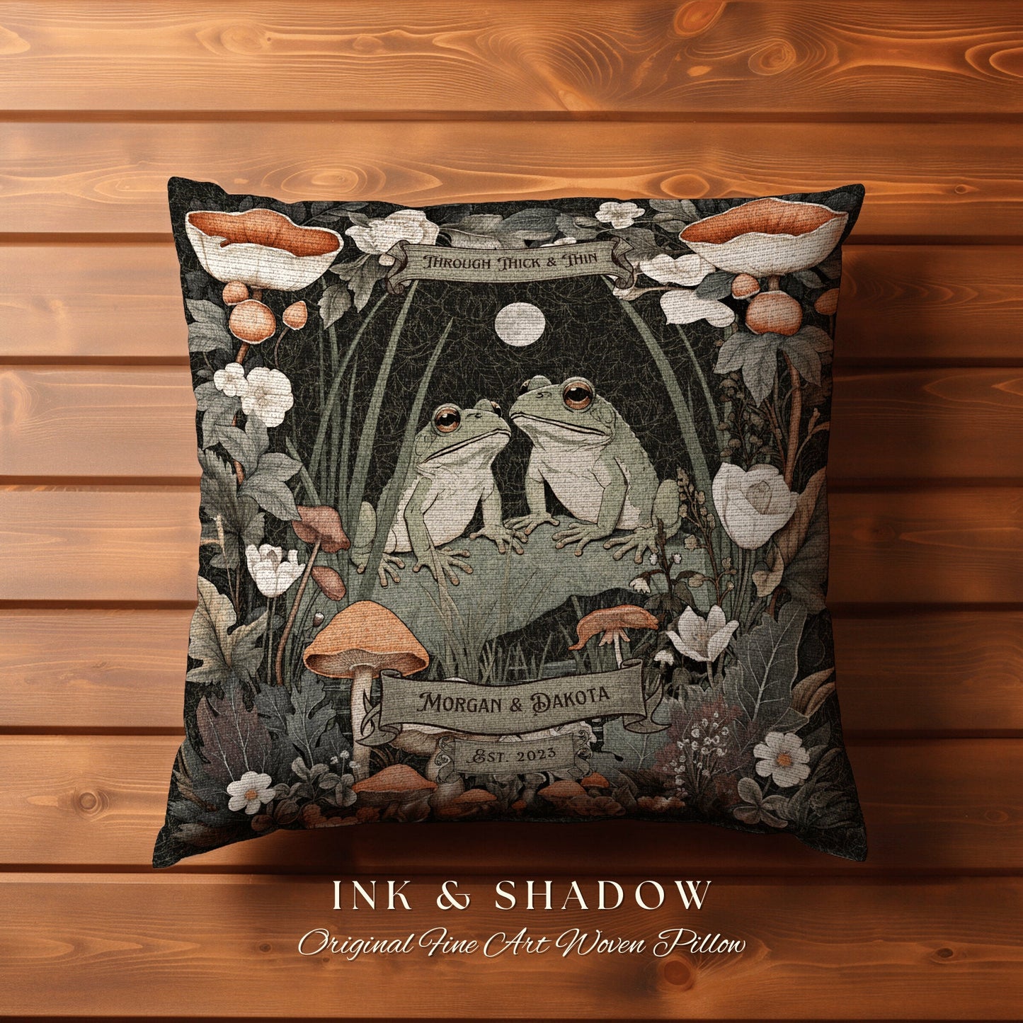 Toad Couple Cottagecore Decor Gift | Woodland Wedding Personalized Woven Throw Pillow Frog & Toad Pillow Decor Goblincore Custom Anniversary
