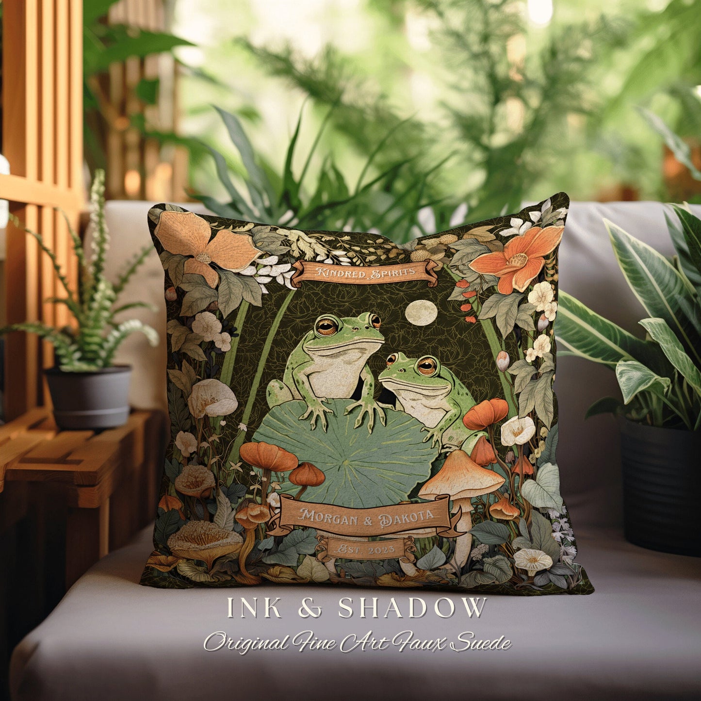 Frog Lover Decor Pillow Custom | Woodland Wedding Personalized Woven Throw Pillow Vintage Frog & Toad Pillow Goblincore Custom Anniversary |