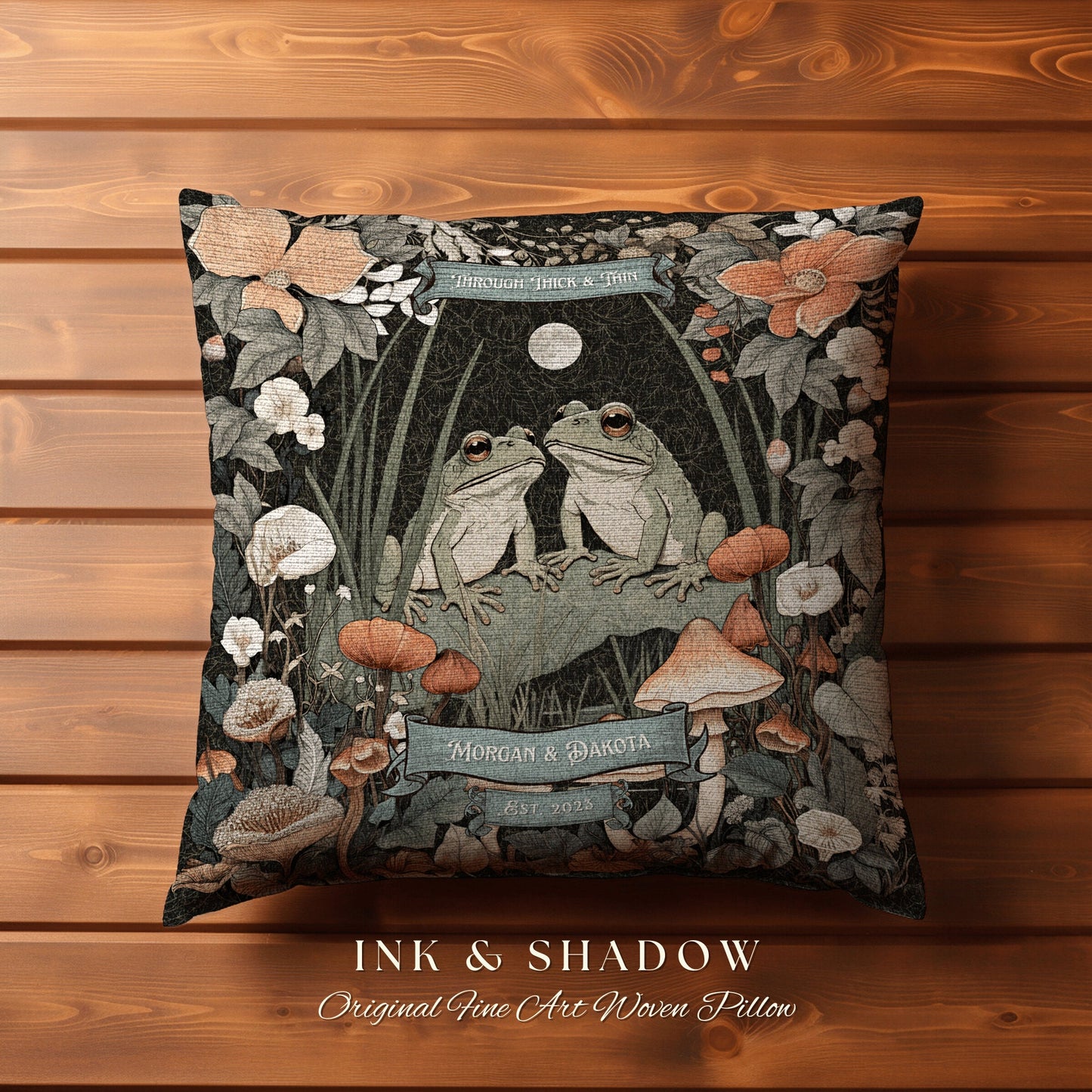 Mushroom Frog Couple Pillow | Woodland Wedding Gift Personalized Woven Throw Pillow Vintage Frog & Toad Pillow Goblincore Custom Anniversary