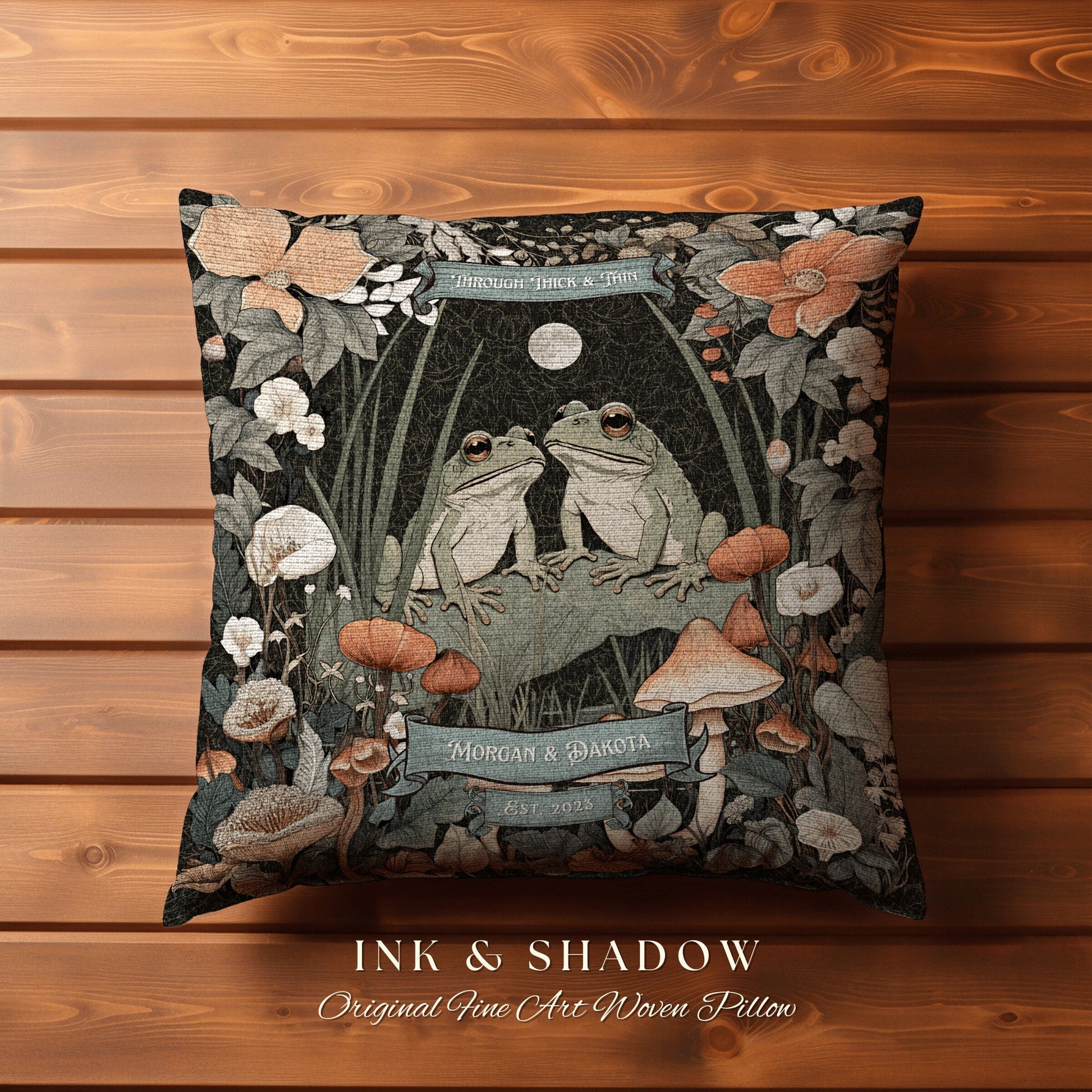 Mushroom Frog Couple Pillow | Woodland Wedding Gift Personalized Woven Throw Pillow Vintage Frog & Toad Pillow Goblincore Custom Anniversary