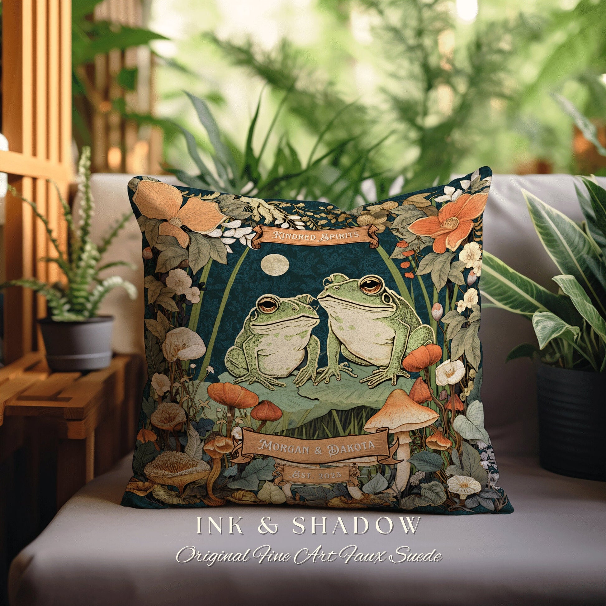 Custom Frog Couple Pillow | Woodland Wedding Gift Personalized Woven Throw Pillow Vintage Frog & Toad Blanket Goblincore Custom Anniversary