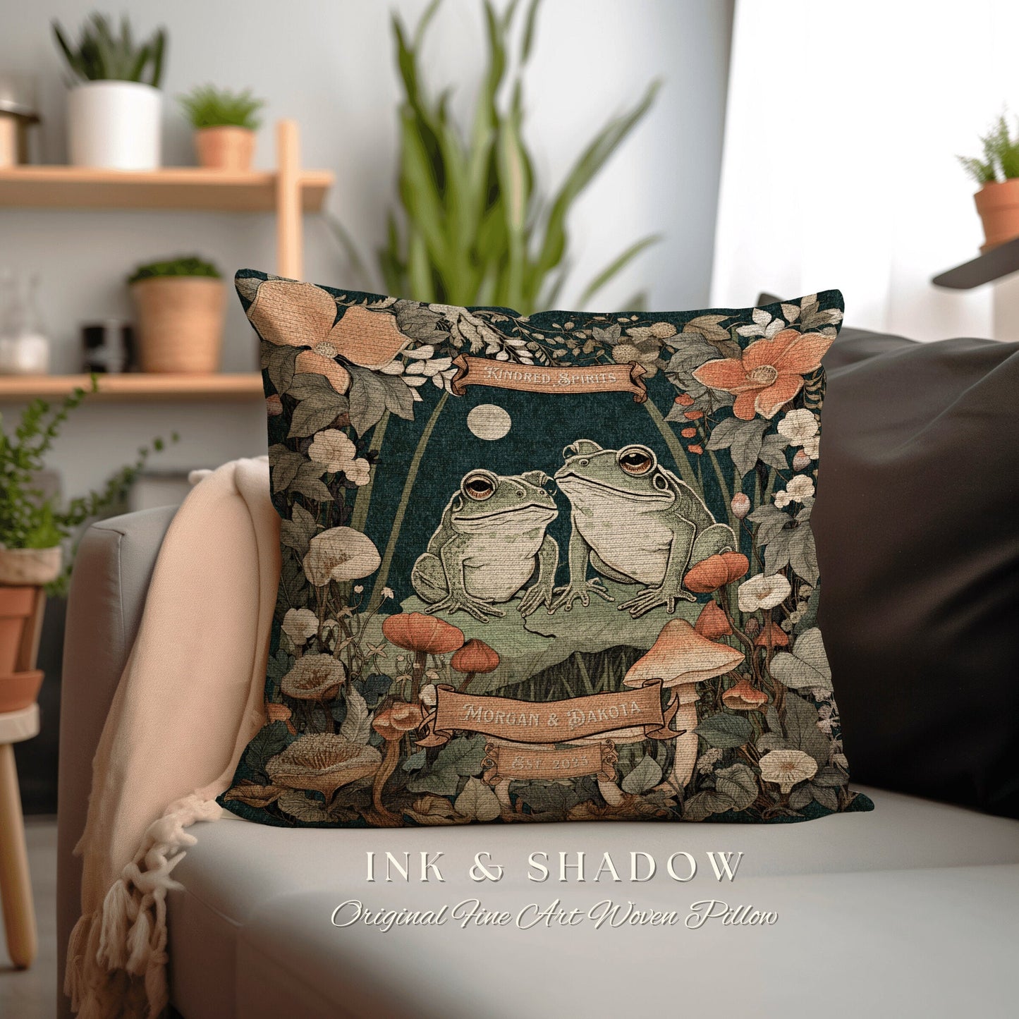 Custom Frog Couple Pillow | Woodland Wedding Gift Personalized Woven Throw Pillow Vintage Frog & Toad Blanket Goblincore Custom Anniversary