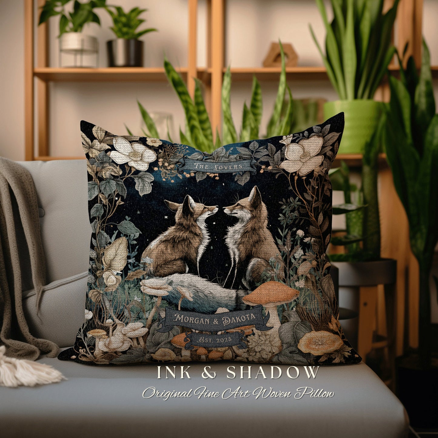 Unique Couples Gift Custom Pillow | Woodland Decor Custom Dating Anniversary Meaningful Gift Housewarming Pillow Cottagecore Fox Couple Gift