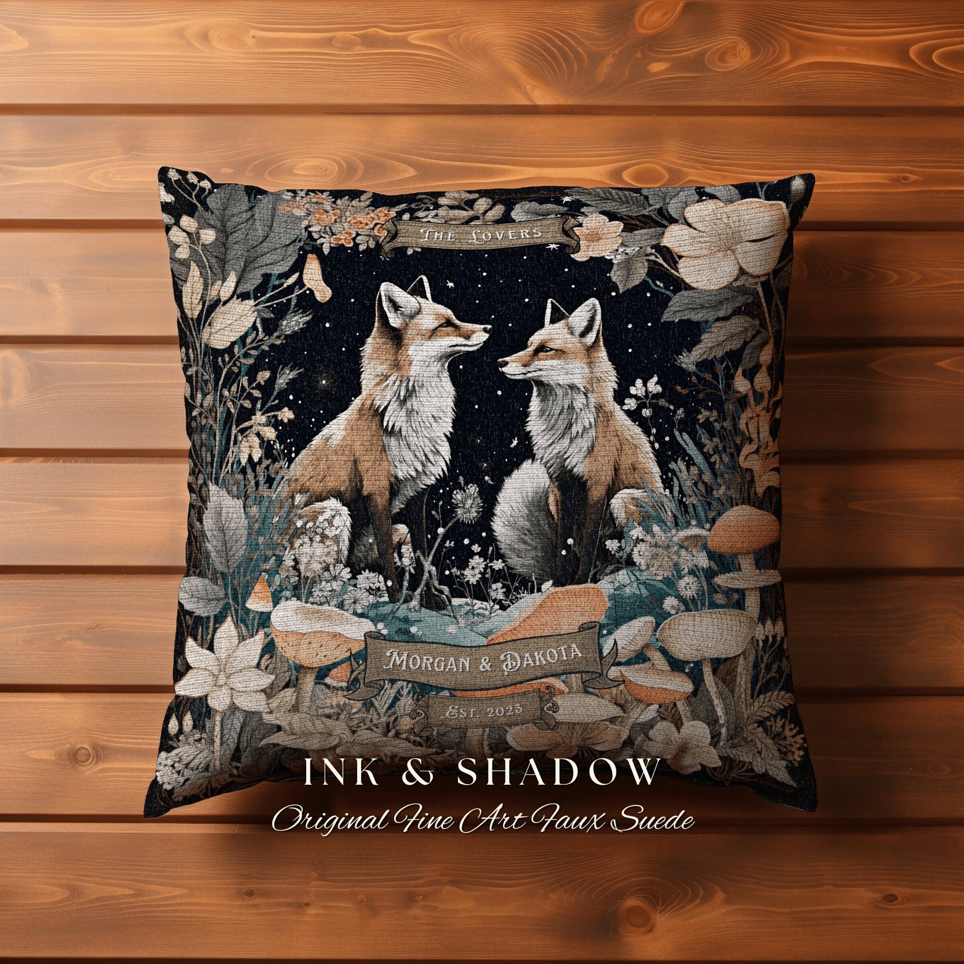 Celestial Woodland Fox Pillow Custom | Woodland Decor Custom Dating Anniversary Meaningful Gift Housewarming Pillow Cottagecore Fox Couple |