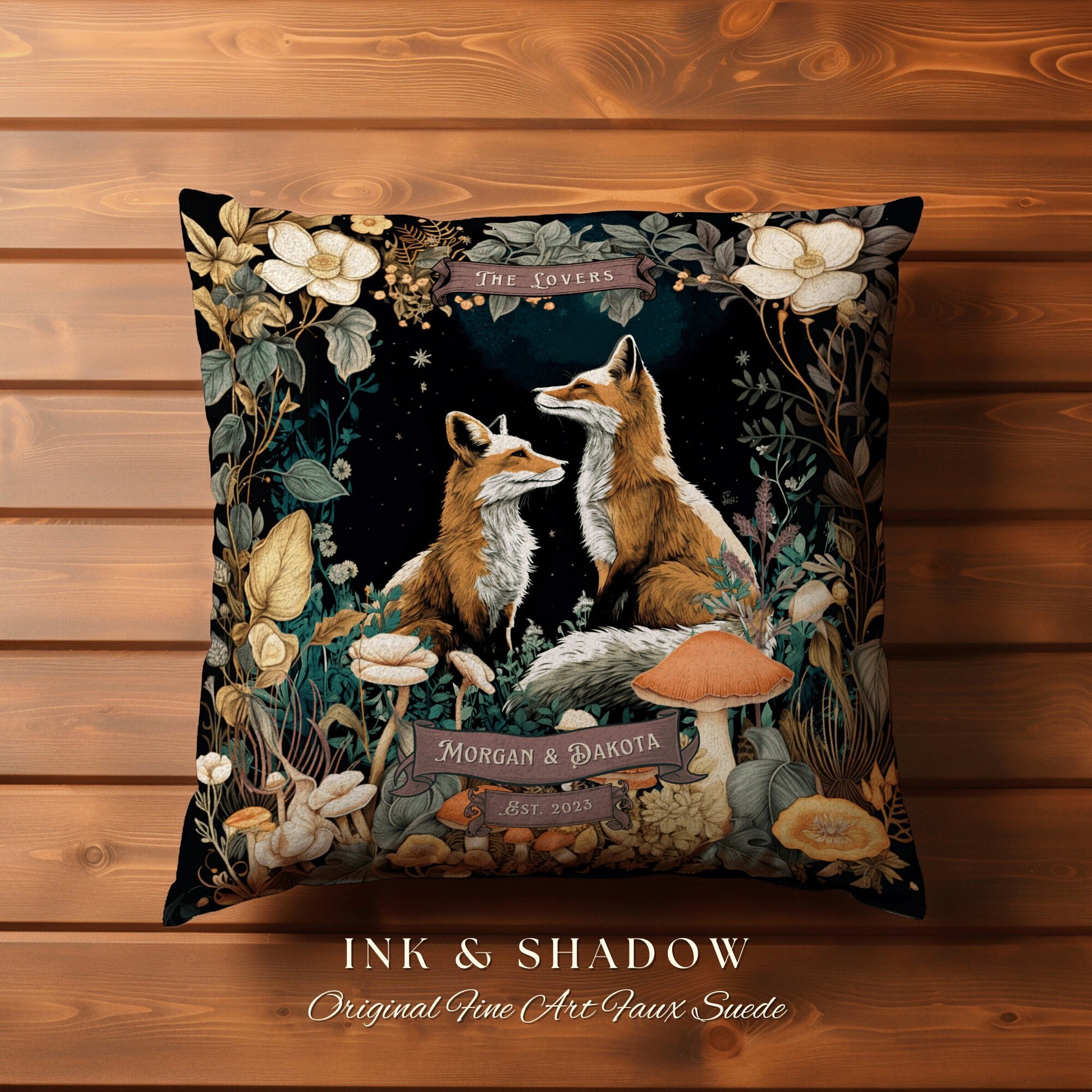 The Lovers Fox Pillow Custom Name | Woodland Decor Custom Dating Anniversary Meaningful Gift Housewarming Pillow Cottagecore Fox Couple Gift