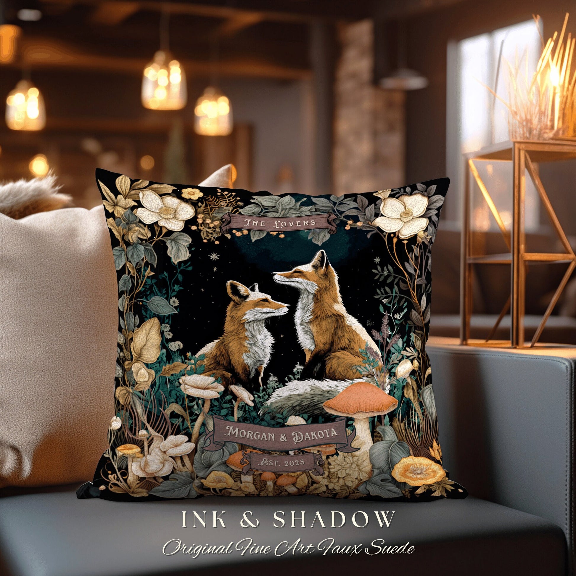 The Lovers Fox Pillow Custom Name | Woodland Decor Custom Dating Anniversary Meaningful Gift Housewarming Pillow Cottagecore Fox Couple Gift