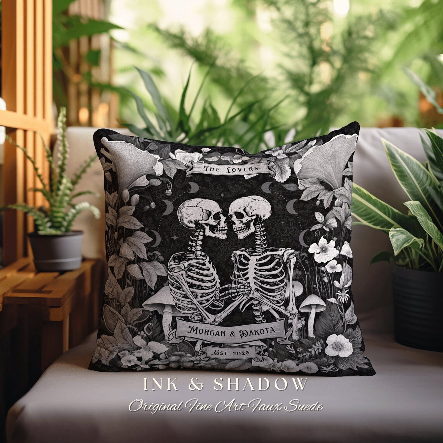 Tarot Lovers Skeleton Couple Pillow Woven | Cottagecore Decor Custom Anniversary Meaningful Gift for Couple Housewarming Gift Skeleton Lover